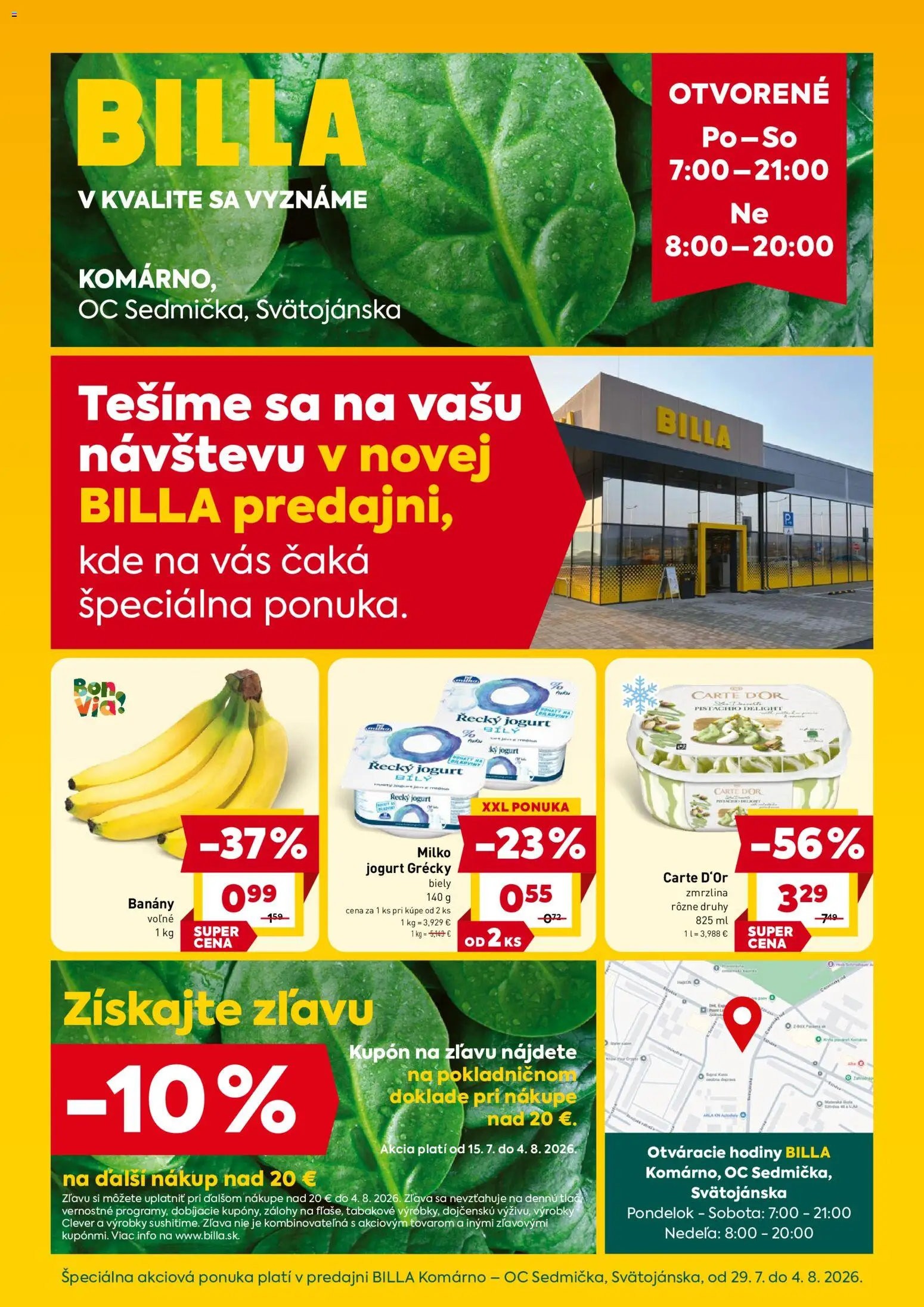 Nové Billa akcie – leták je platný od 29.07.2026 | Strana: 1 | Produkty: Hodiny, Jogurt, Zmrzlina