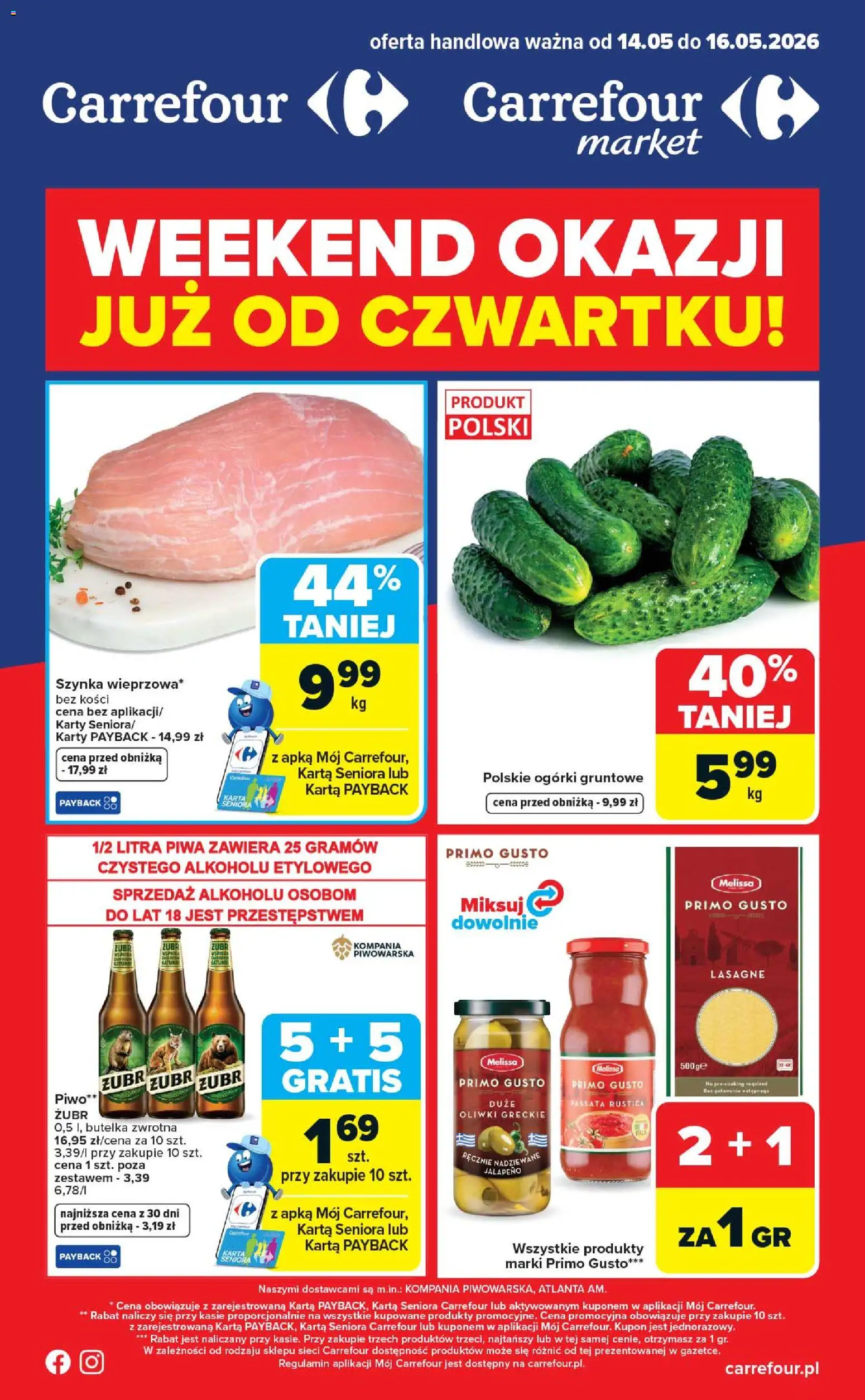 Carrefour gazetka - Weekend okazji od 14.05.2026 | Strona: 1 | Produkty: Lasagne, Piwo, Ogórki, Ogórki gruntowe