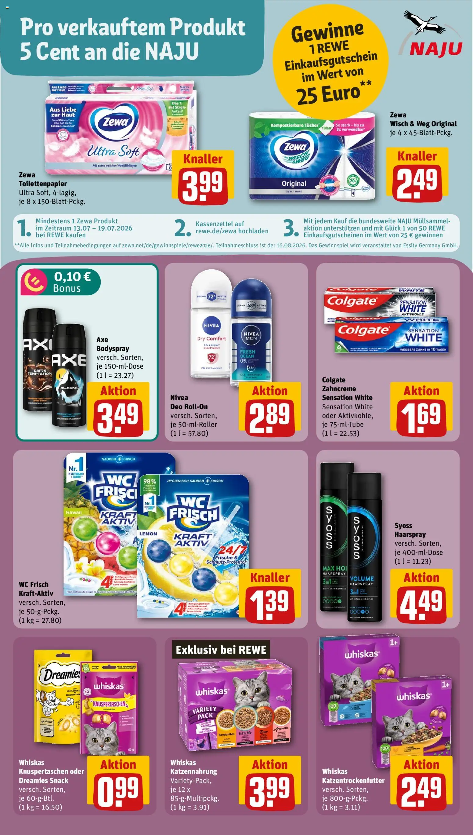 Rewe Prospekt – gültig ab 13.07.2026 | Seite: 18 | Produkte: Zewa, Haarspray, Wc frisch, Whiskas