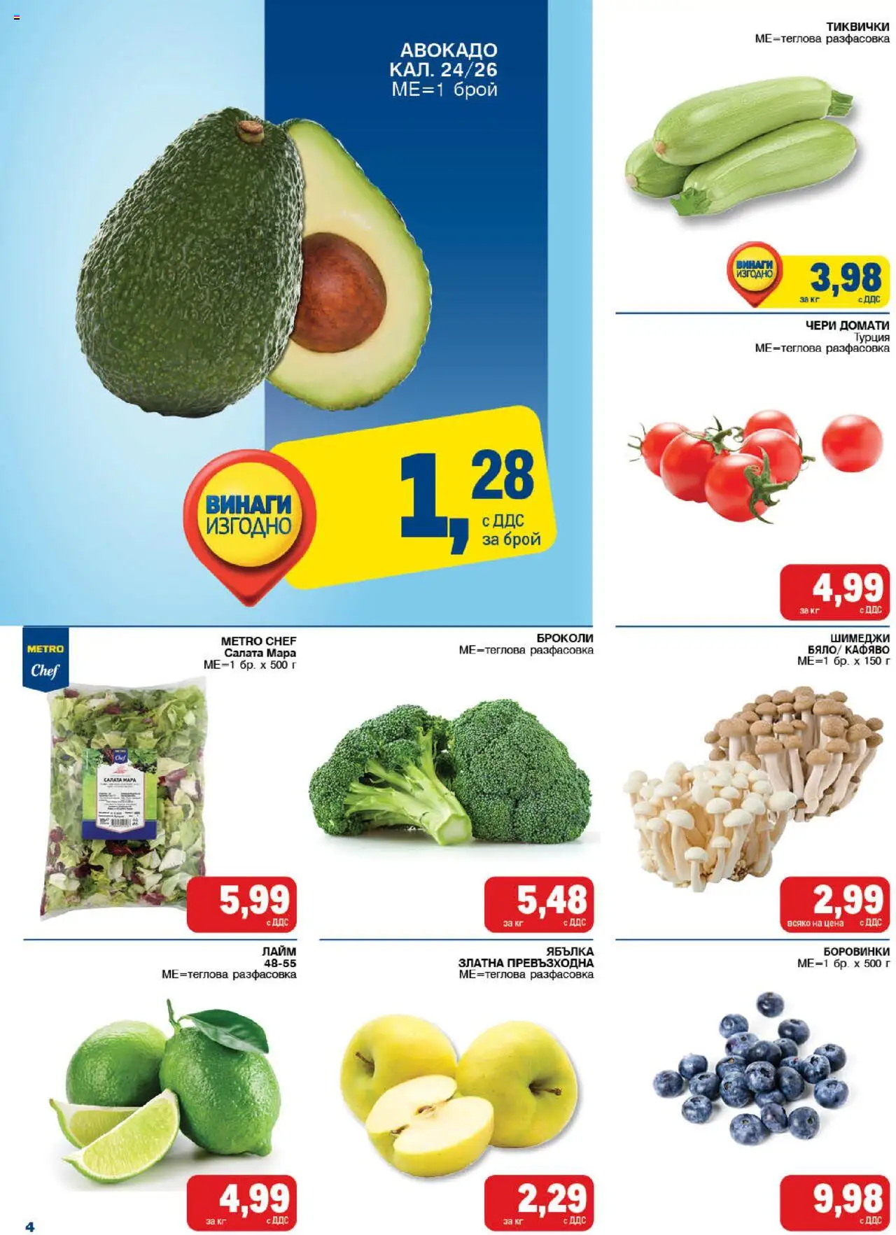 {H1} | Страница: 4 | Продукти: Салата, Авокадо, Броколи, Тиквички