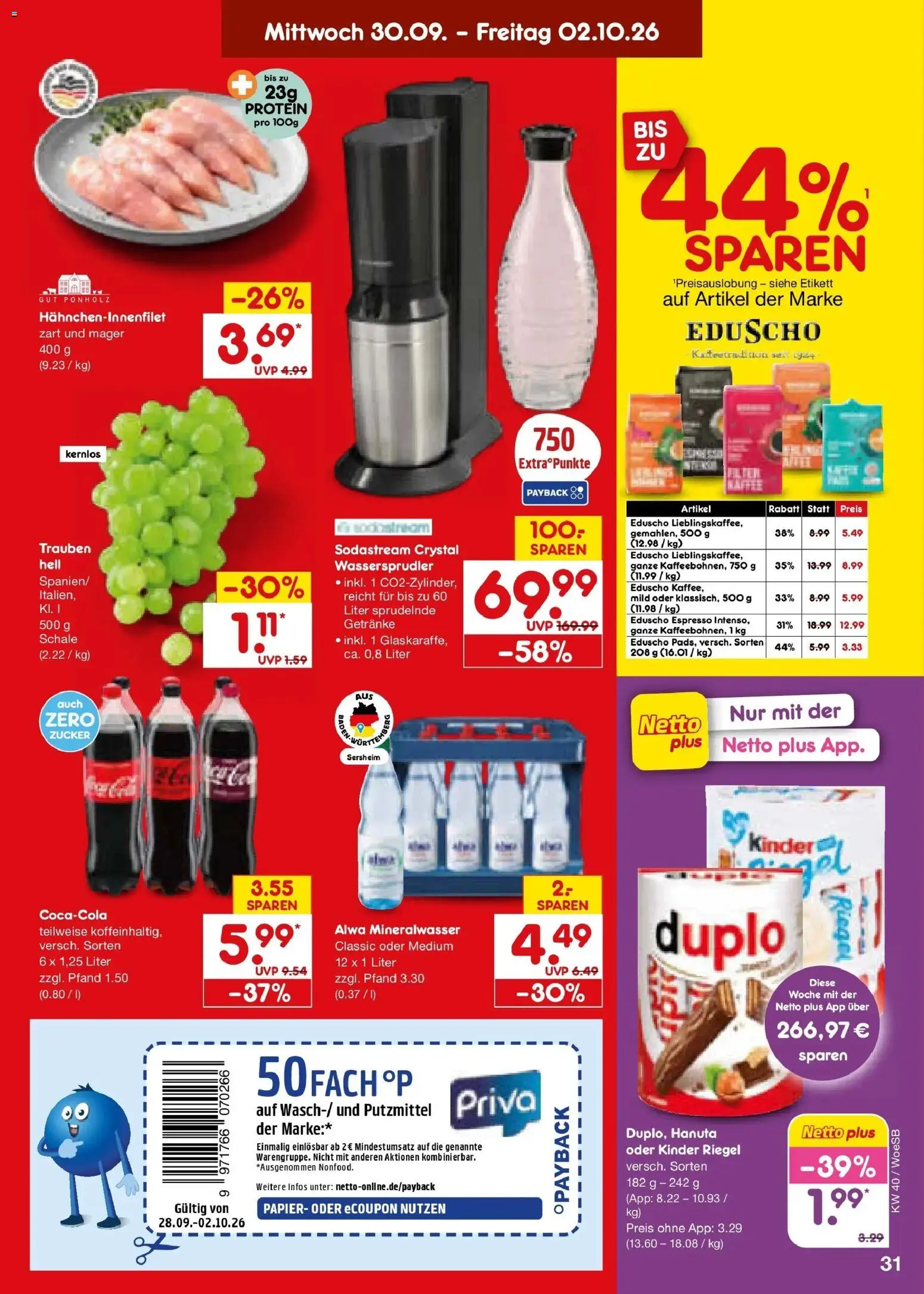 Netto Marken-Discount Prospekt Gemmingen – gültig ab 28.09.2026 | Seite: 49 | Produkte: Trauben, Mineralwasser, Zucker, Eduscho