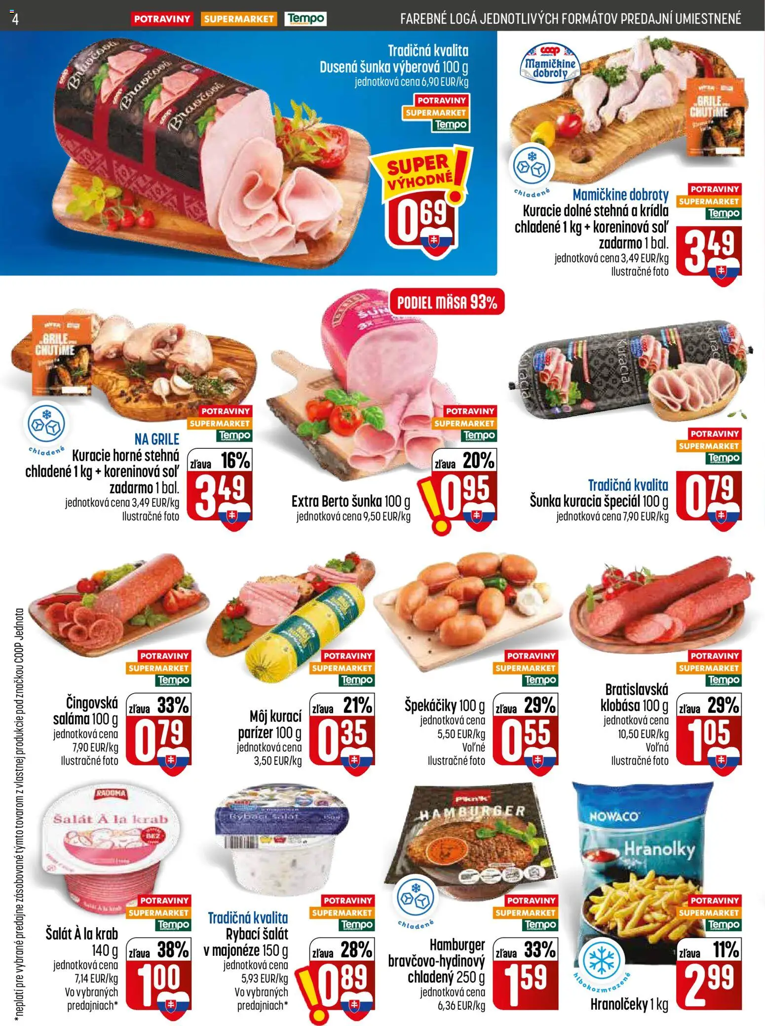 Nové COOP Jednota akcie – leták je platný od 13.08.2026 | Strana: 4 | Produkty: Šunka, Klobása, Hamburger, Špekáčiky