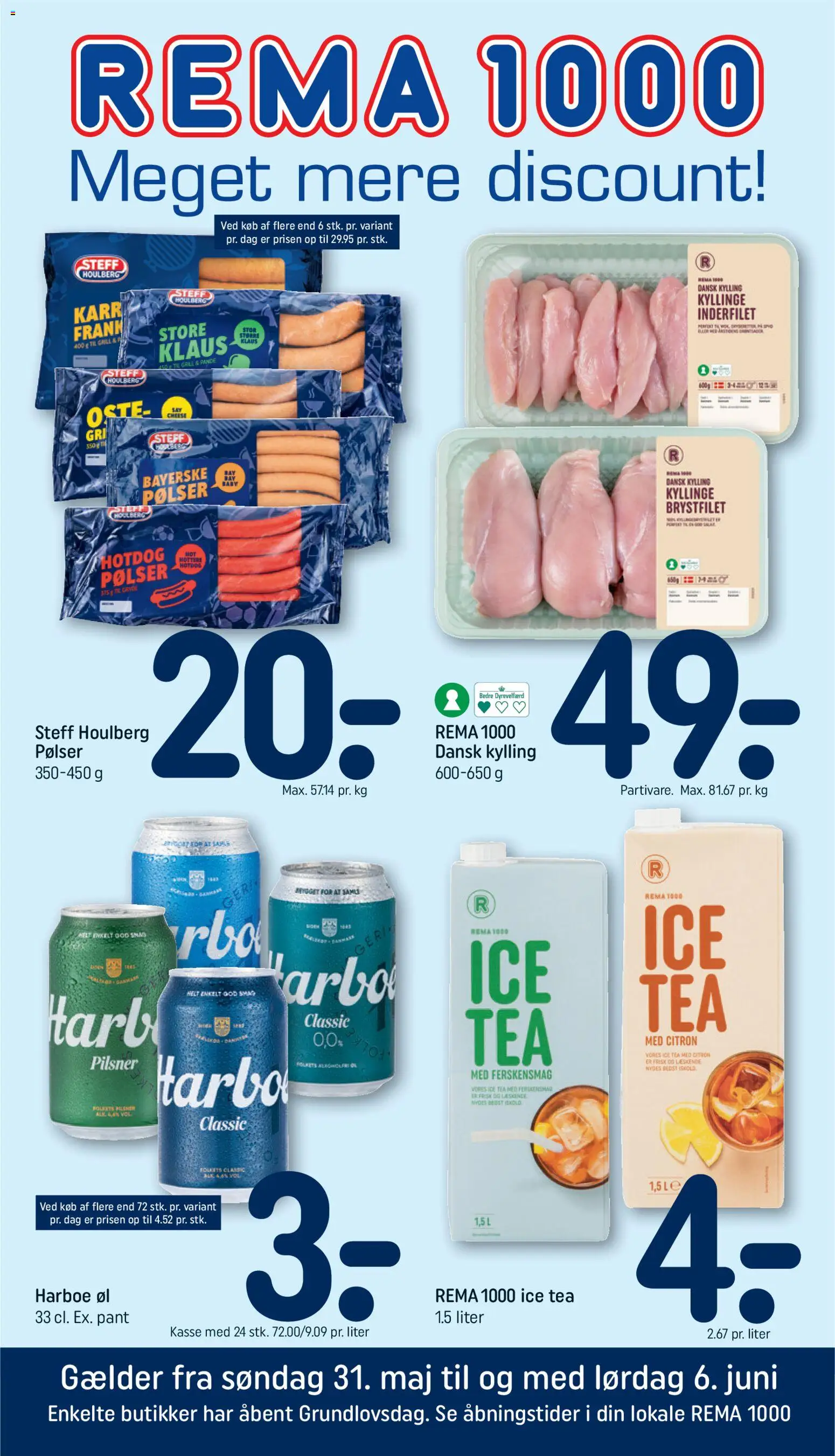 Rema 1000 tilbudsavis – gyldig fra 31.05.2026 | Side: 1 | Produkter: Pølser, Øl, Ur, Grill