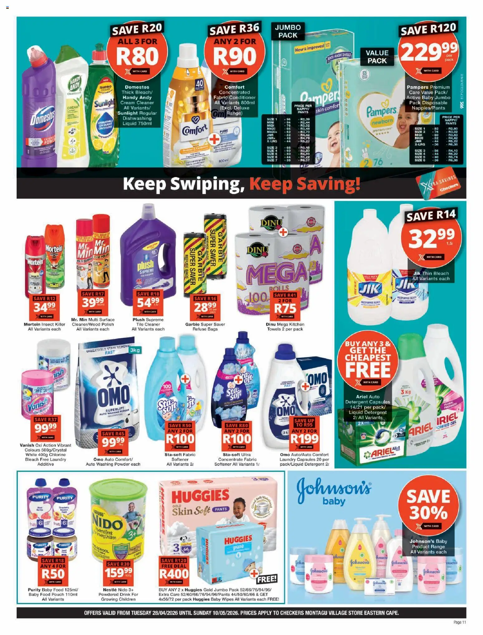 New Checkers catalogue – valid from 28.04.2026 | Page: 11 | Products: Rags, Refuse bags, Baby food, Detergent