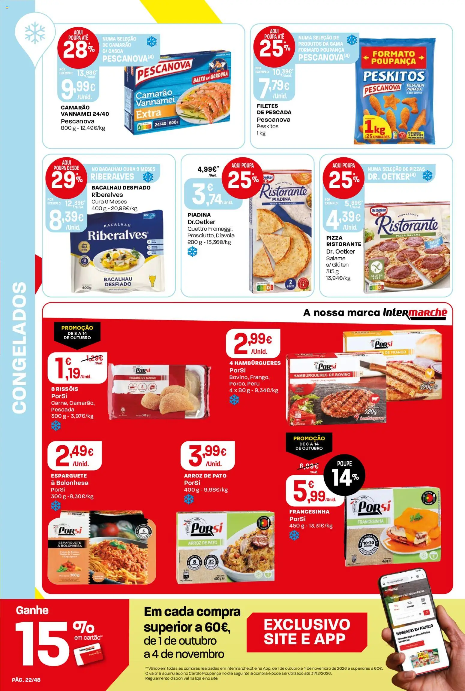 Intermarché folheto │ válido de 08/10/2026 | Página: 22 | Produtos: Esparguete, Pescada, Camarão, Salame