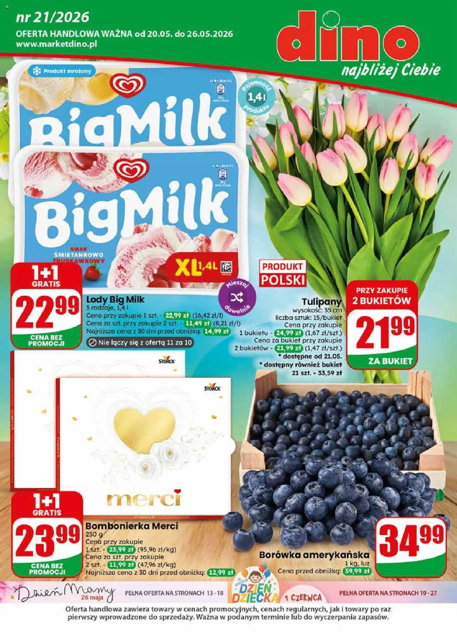 Dino gazetka od 20.05.2026 | Strona: 1 | Produkty: Borówka amerykańska, Bombonierka, Merci, Big Milk
