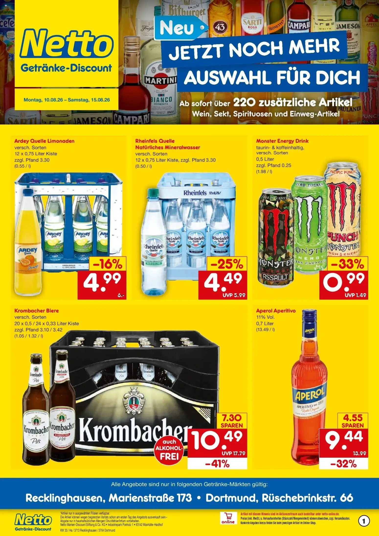 Netto Marken-Discount Prospekt Recklinghausen – gültig ab 10.08.2026 | Seite: 1 | Produkte: Bitburger, Alkohol, Aperol, Paulaner