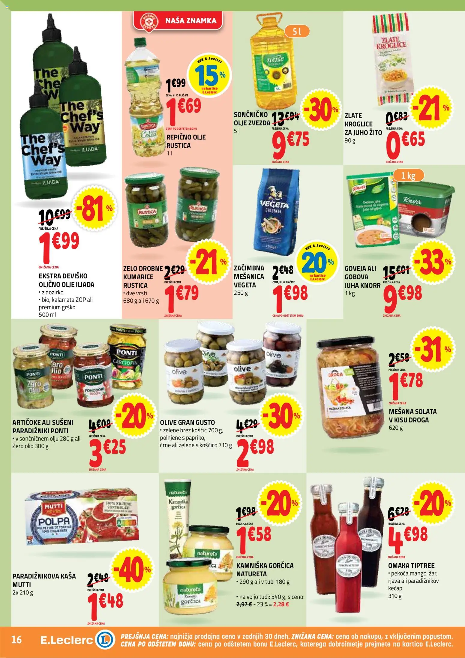 Novi E.leclerc katalog ponudbe – veljaven od 22.07.2026 | Stran: 16 | Izdelki: Oljčno olje, Juha, Solata, Omaka