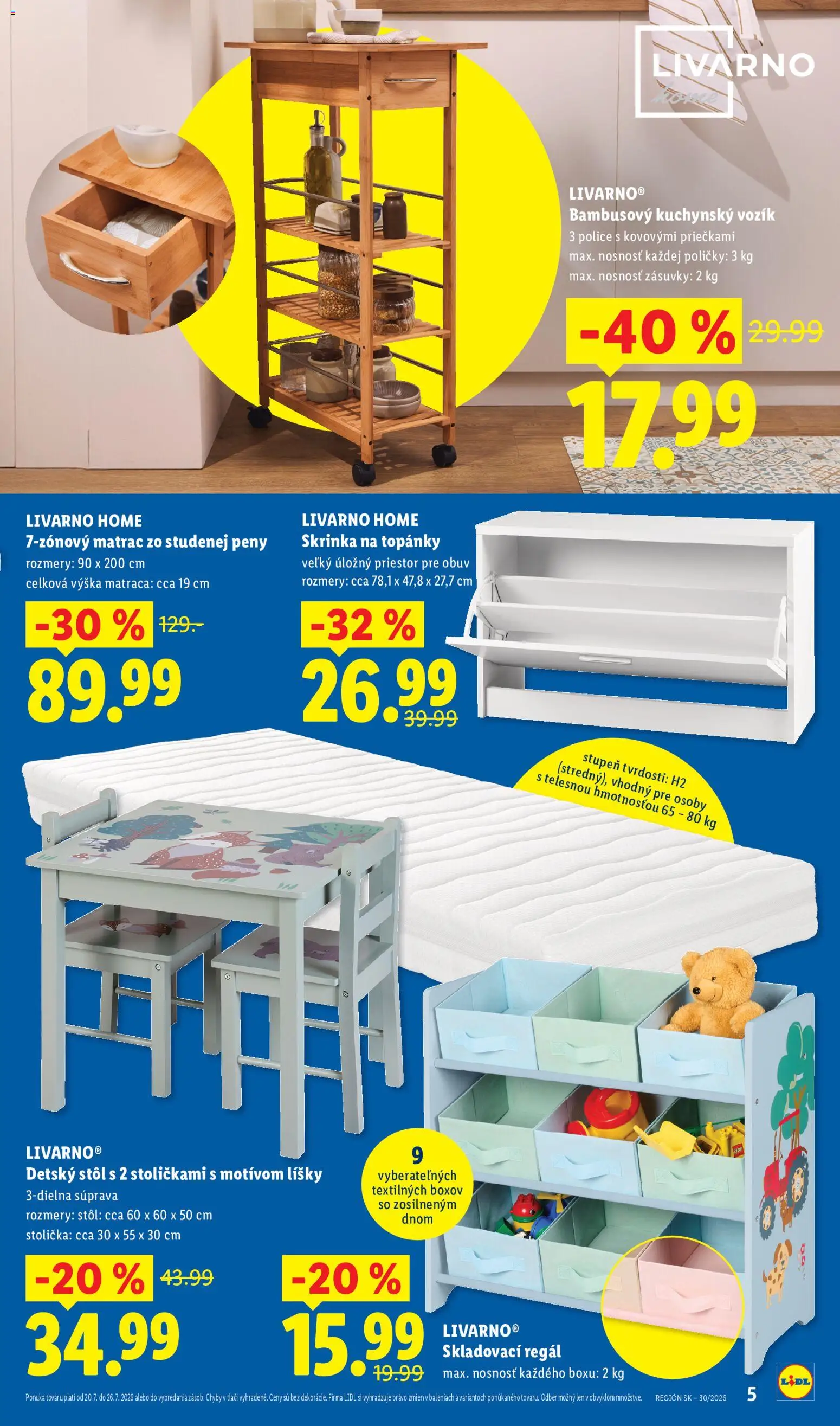 Nové Lidl akcie – leták je platný od 20.07.2026 | Strana: 5 | Produkty: Matrac, Regál, Stôl, Skrinka