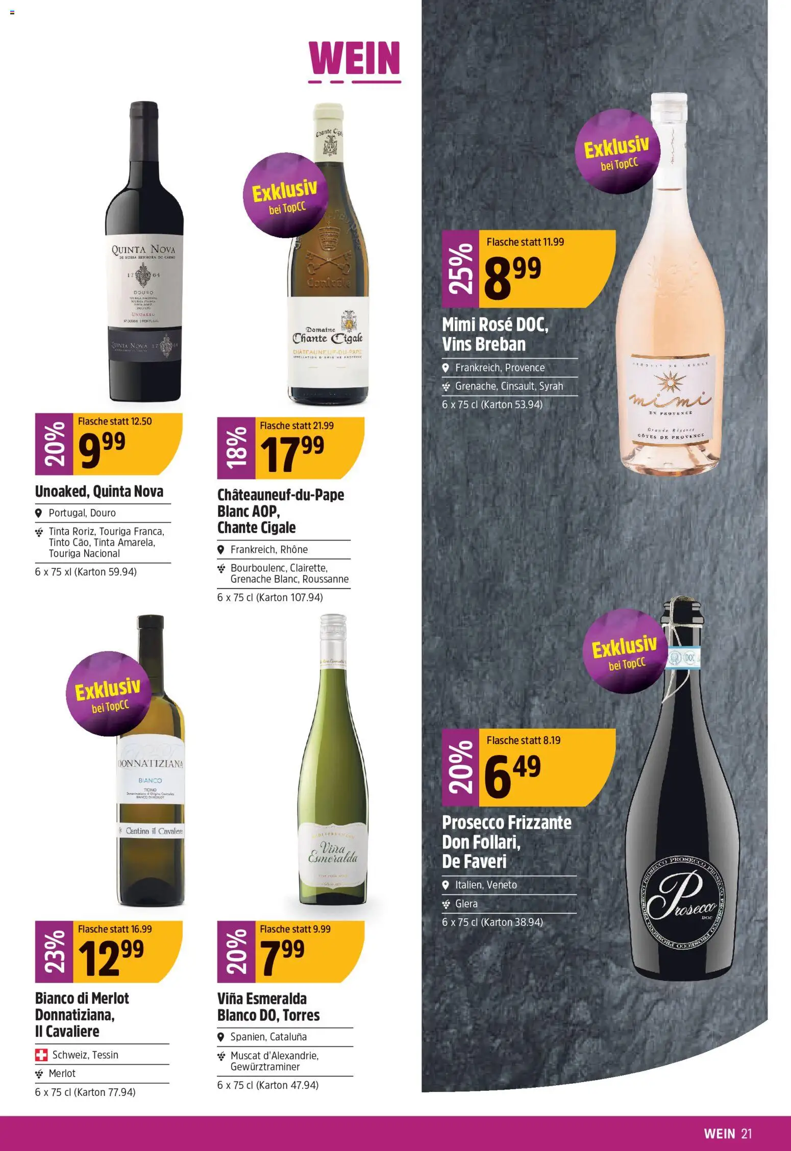 TopCC aktionen – gültig ab 17.08.2026 | Seite: 21 | Produkte: Merlot, Wein, Prosecco