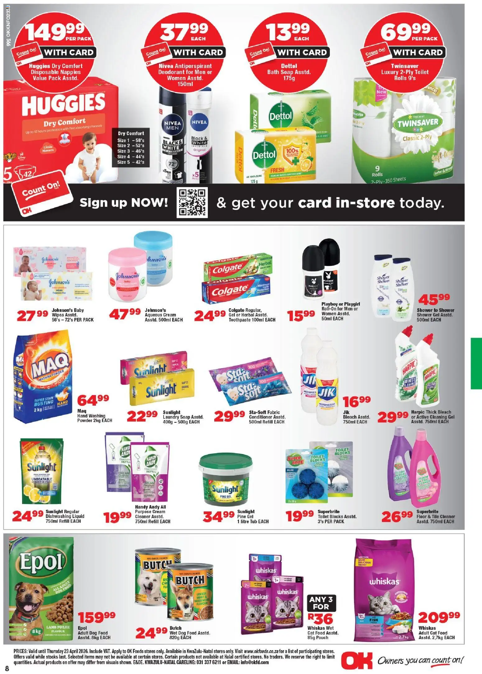 New OK Foods catalogue – valid from 15.04.2026 | Page: 8 | Products: Bath, Bleach, Toothpaste, Dog food