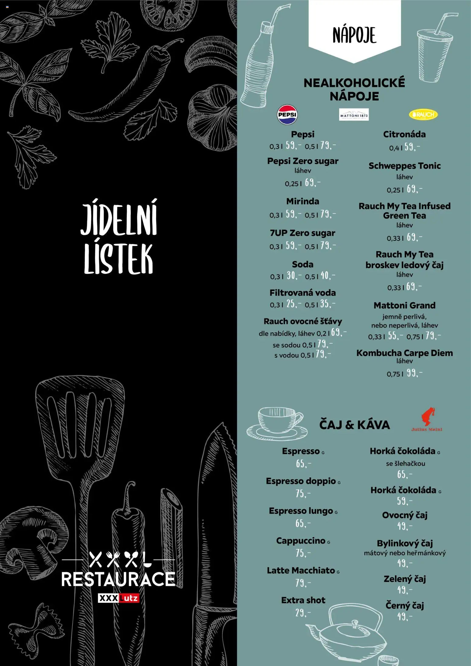XXXLutz leták - Jídelní lístek od 01.04.2026 | Strana: 1 | Produkty: Mattoni, Pepsi, Pepsi Zero, Tonic