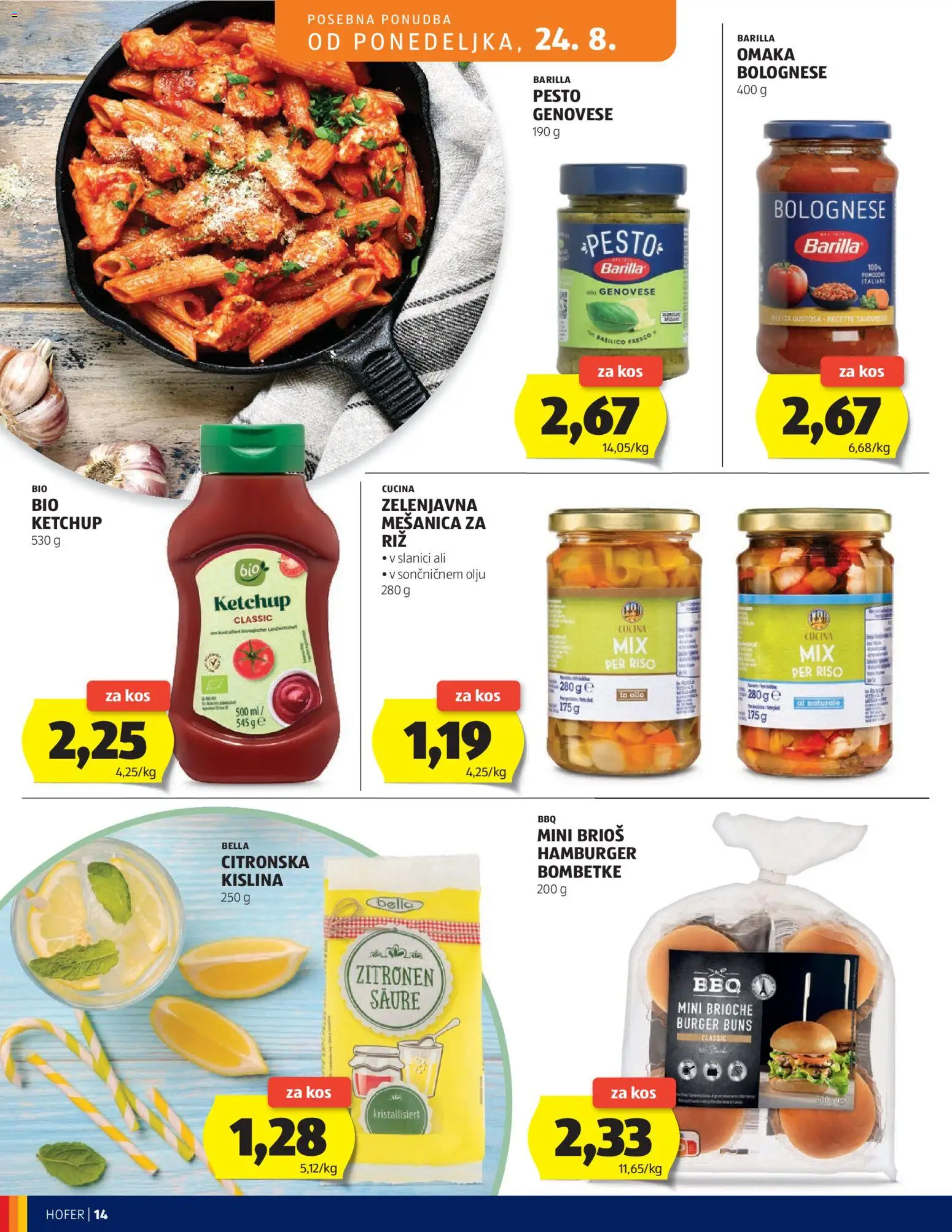Hofer SI katalog | vrijedi od 19.08.2026 | Stranica: 14 | Proizvodi: Pesto, Brioš, Hamburger, Barilla