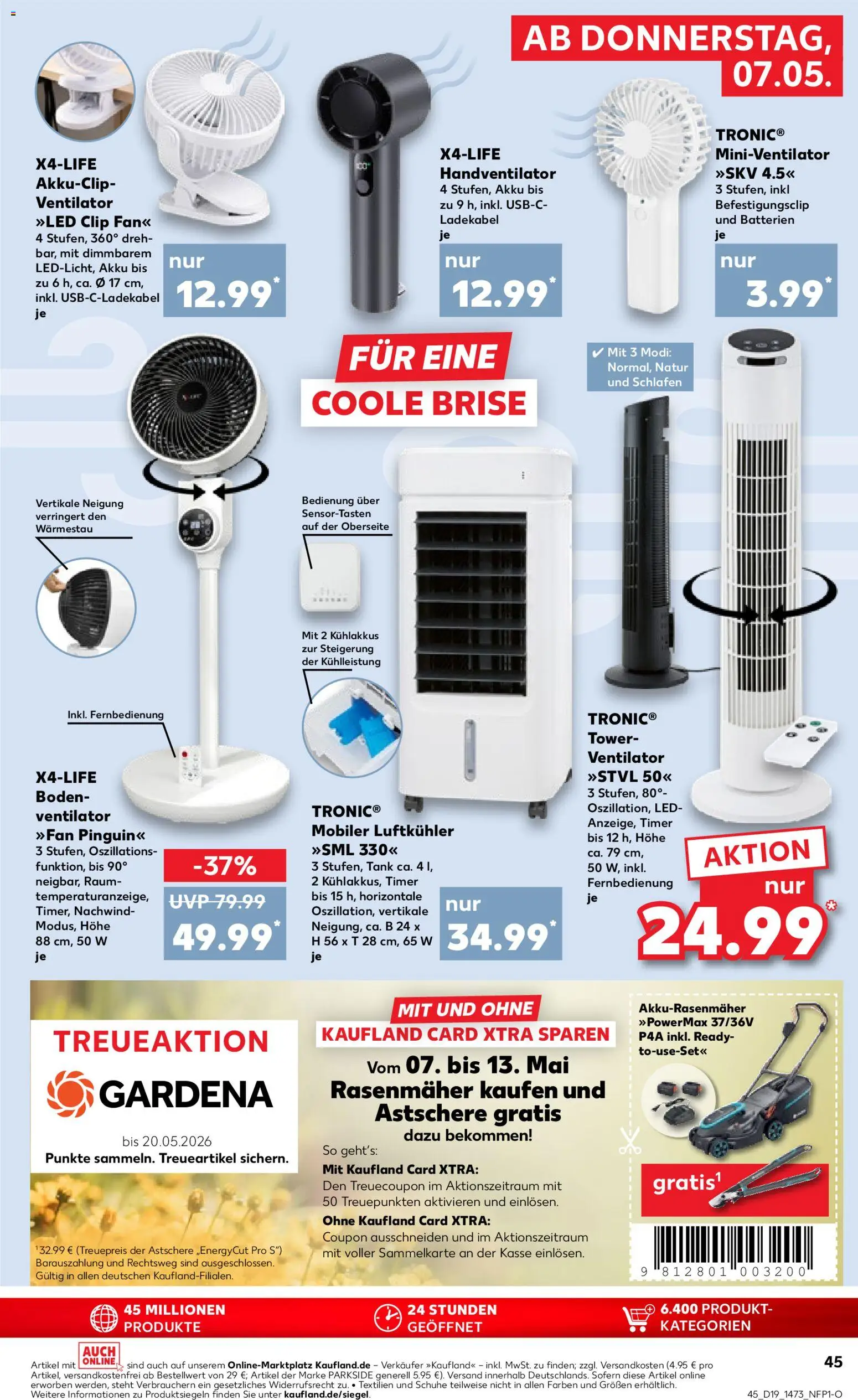 Kaufland Prospekt Rostock	 – gültig ab 07.05.2026 | Seite: 45 | Produkte: Ventilator, Rasenmäher, Batterien, Ladekabel