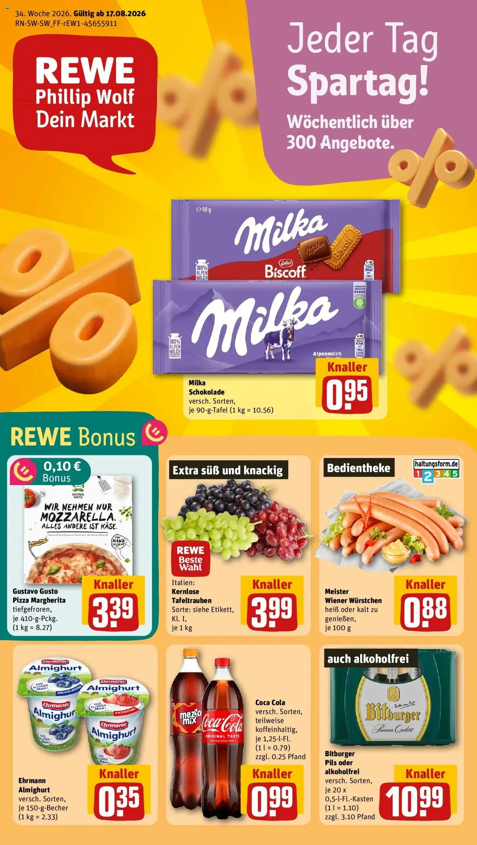 REWE Prospekt ab 17.08.2026 zum Blättern » Angebote | Seite: 1 | Produkte: Wiener wurstchen, Schokolade, Pils, Milka