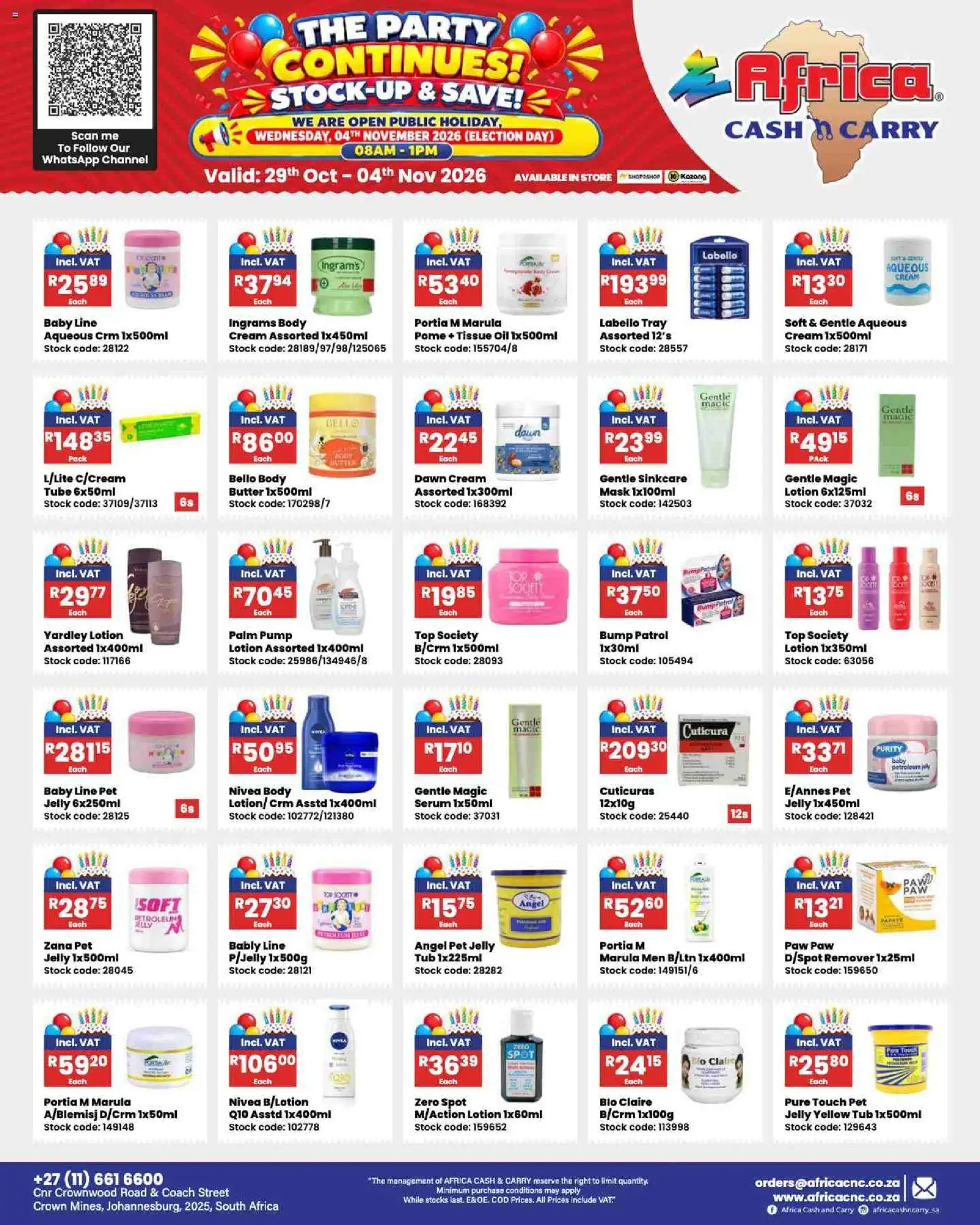 New Africa Cash & Carry catalogue – valid from 29/10/2026 | Page: 5 | Products: Tissue oil, Oil, Stock, Lotion
