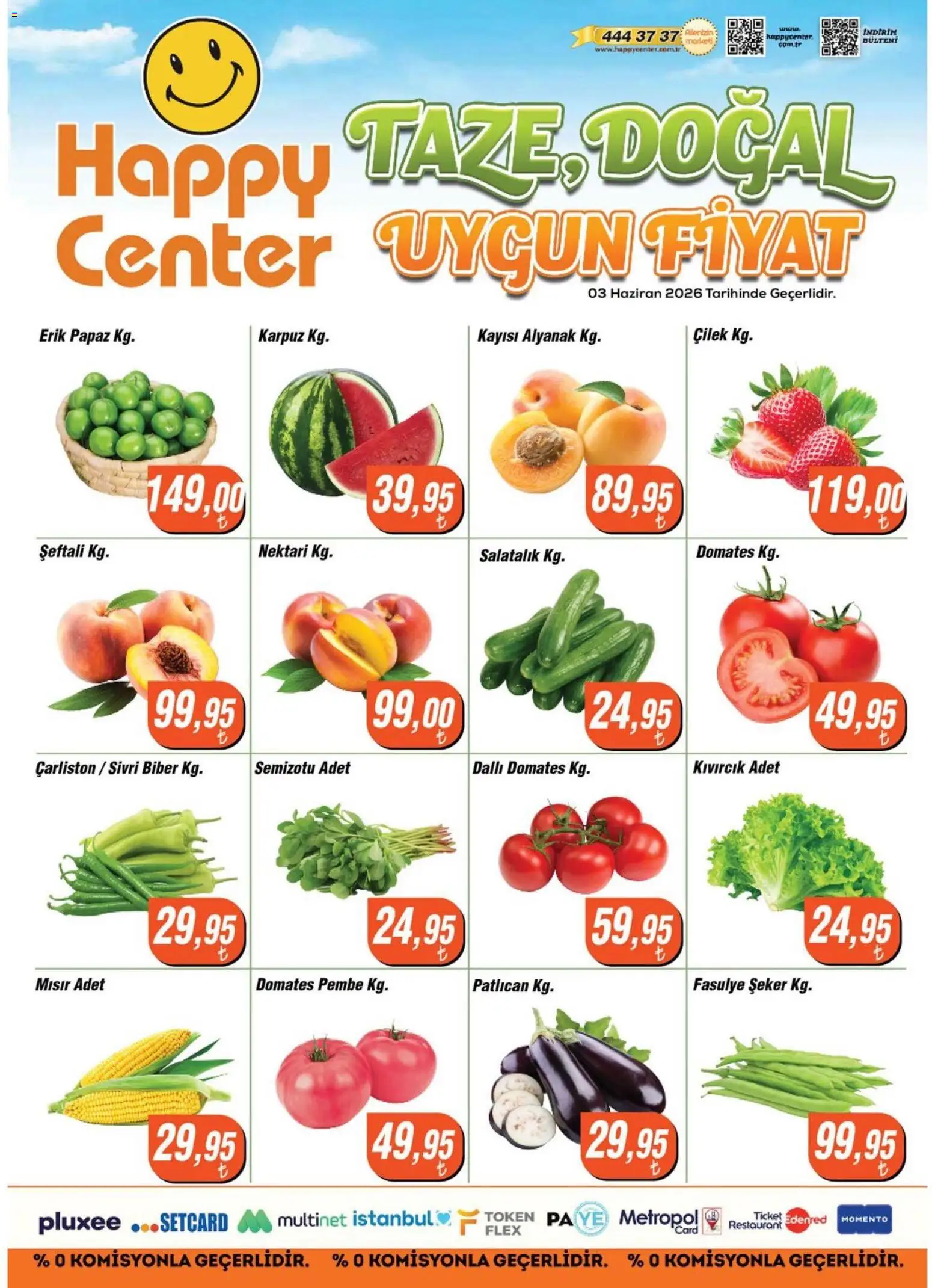 Happy Center - Manav - 03.06.2026 tarihinden itibaren geçerlidir | Sayfa: 1 | Ürünler: Fasulye, Domates, Çilek, Karpuz