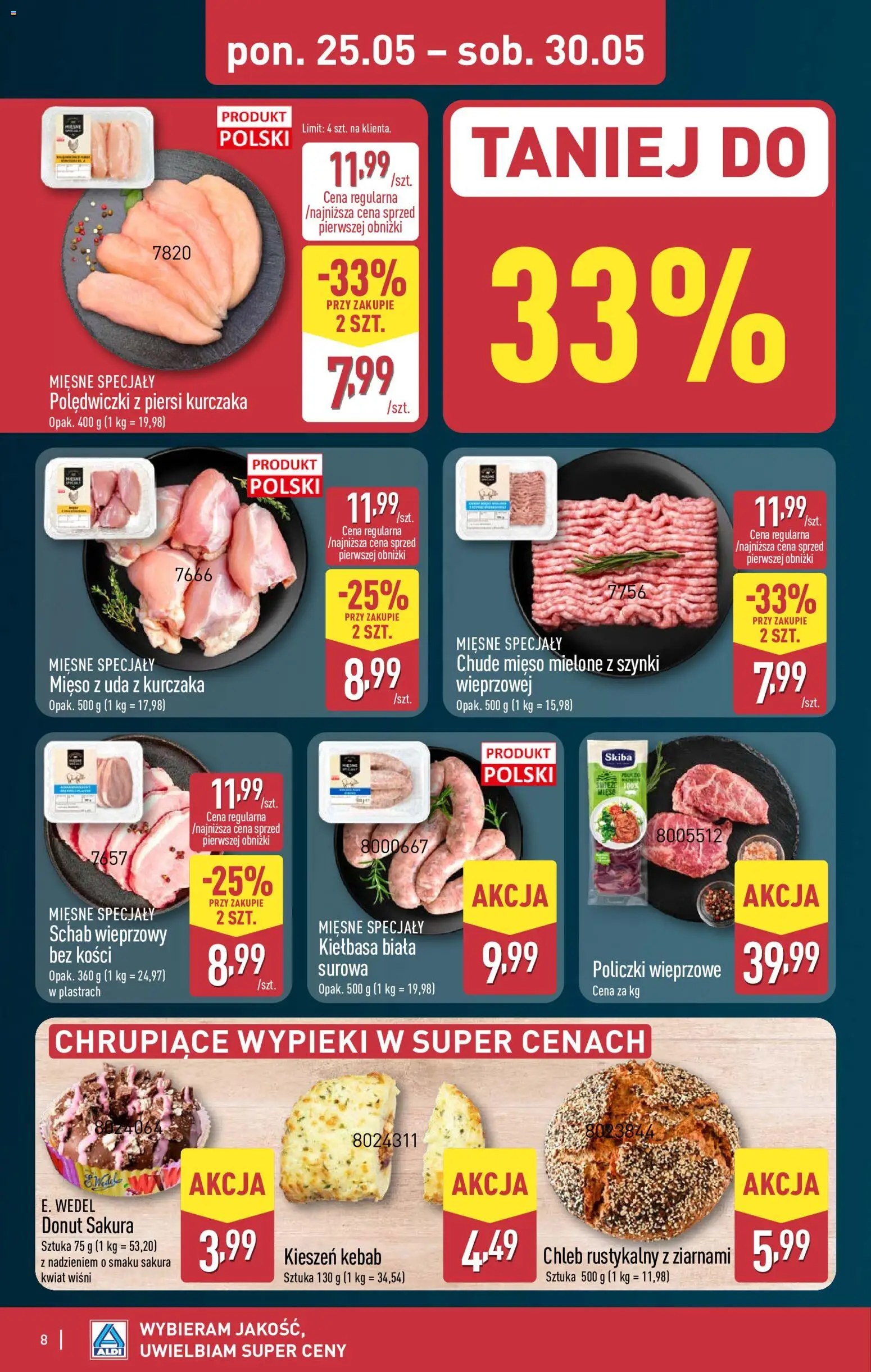 Aldi gazetka od 25.05.2026 | Strona: 8 | Produkty: Schab, Mięso, Mięso mielone, Donut