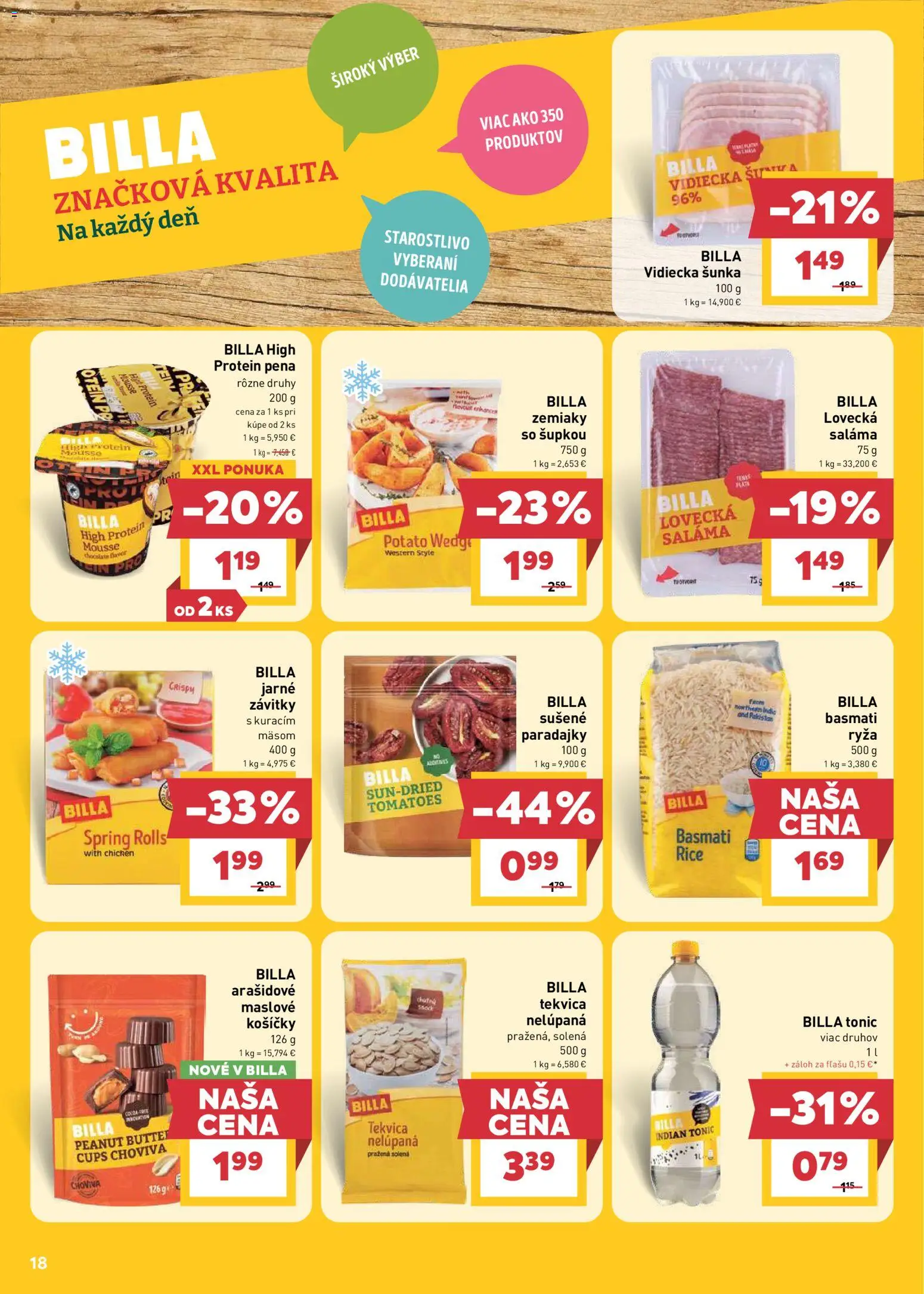 Nové Billa akcie – leták je platný od 22.04.2026 | Strana: 18 | Produkty: Saláma, Šunka, Ryža, Protein