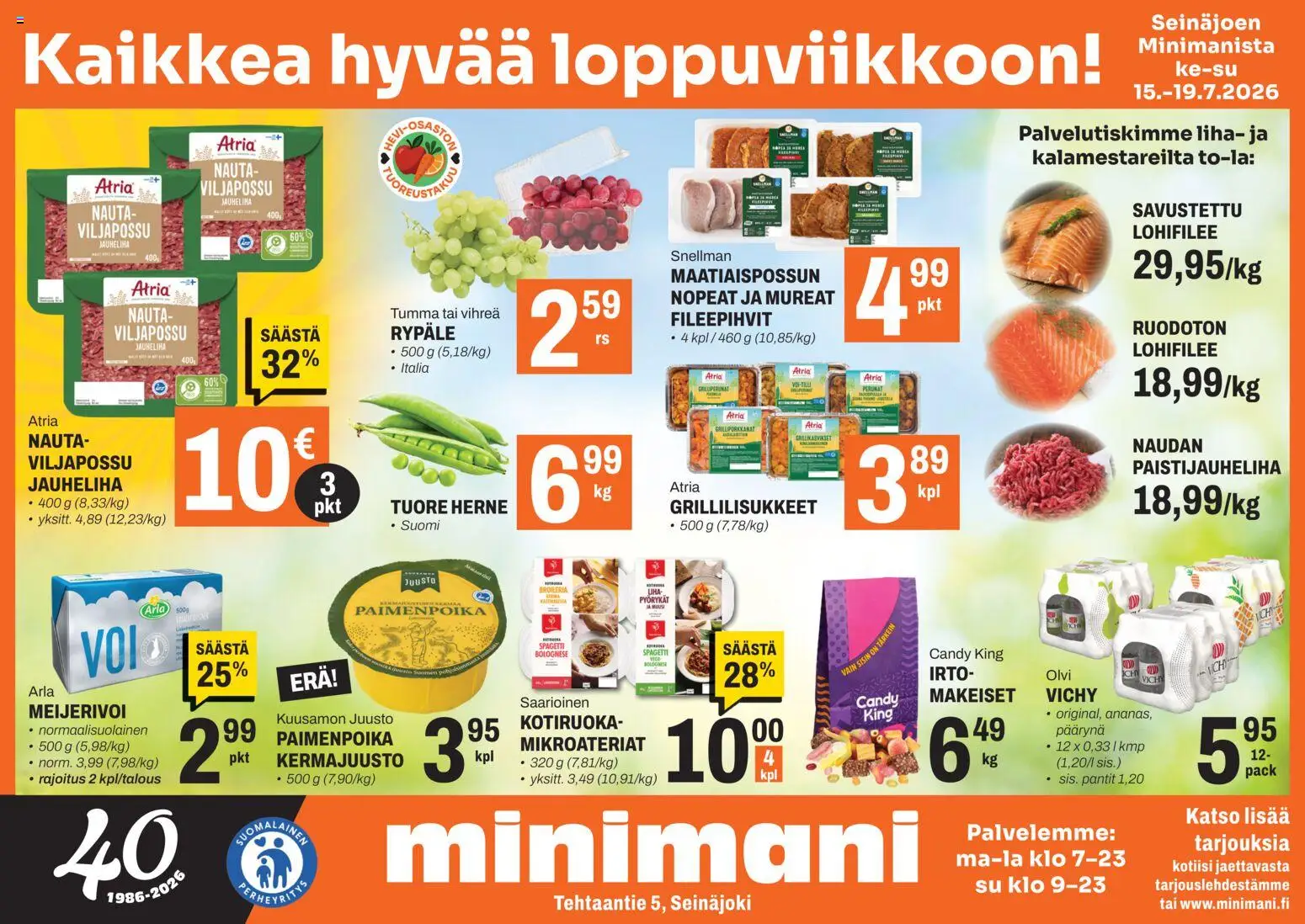 Minimani Tarjoukset - Seinäjoki – voimassa 15/07/2026 alkaen | Sivu: 1 | Tuotteet: Jauheliha, Kermajuusto, Voi, Juusto