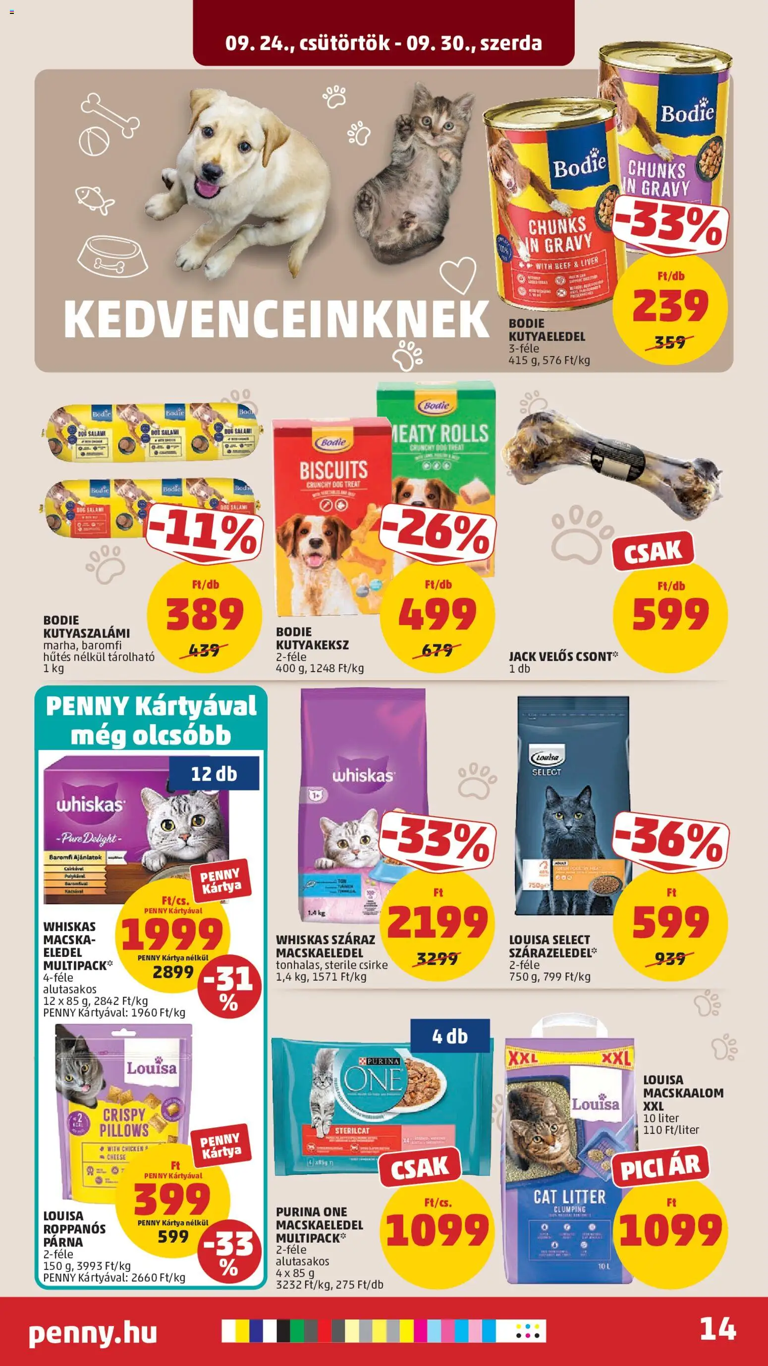 PENNY akciós ujság - amely érvényes a következő dátumtól: 2026.09.24. | Oldal: 18 | Termékek: Kutyaeledel, Purina one, Whiskas, Purina
