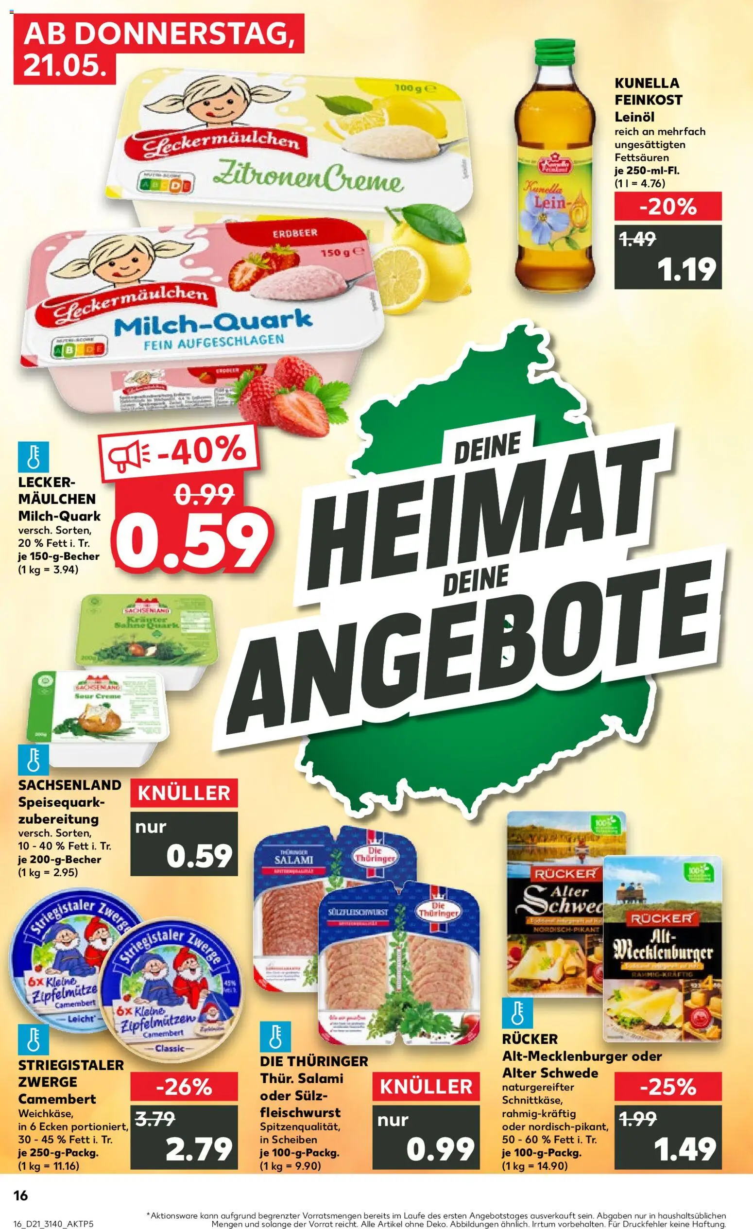 Kaufland Prospekt Leipzig	 – gültig ab 21.05.2026 | Seite: 16 | Produkte: Quark, Leinöl, Salami, Speisequark