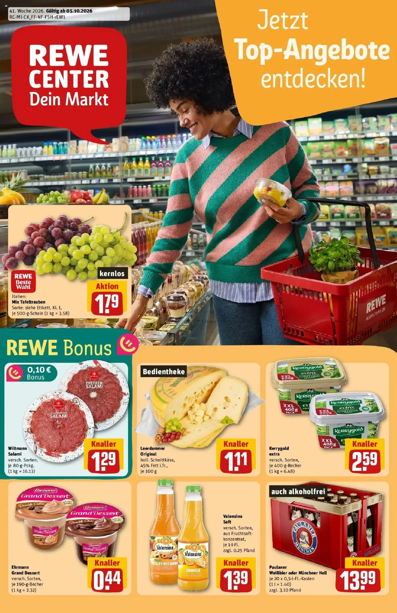 REWE Prospekt ab 05.10.2026 zum Blättern » Angebote | Seite: 1 | Produkte: Butter, Ehrmann grand dessert, Valensina, Salami