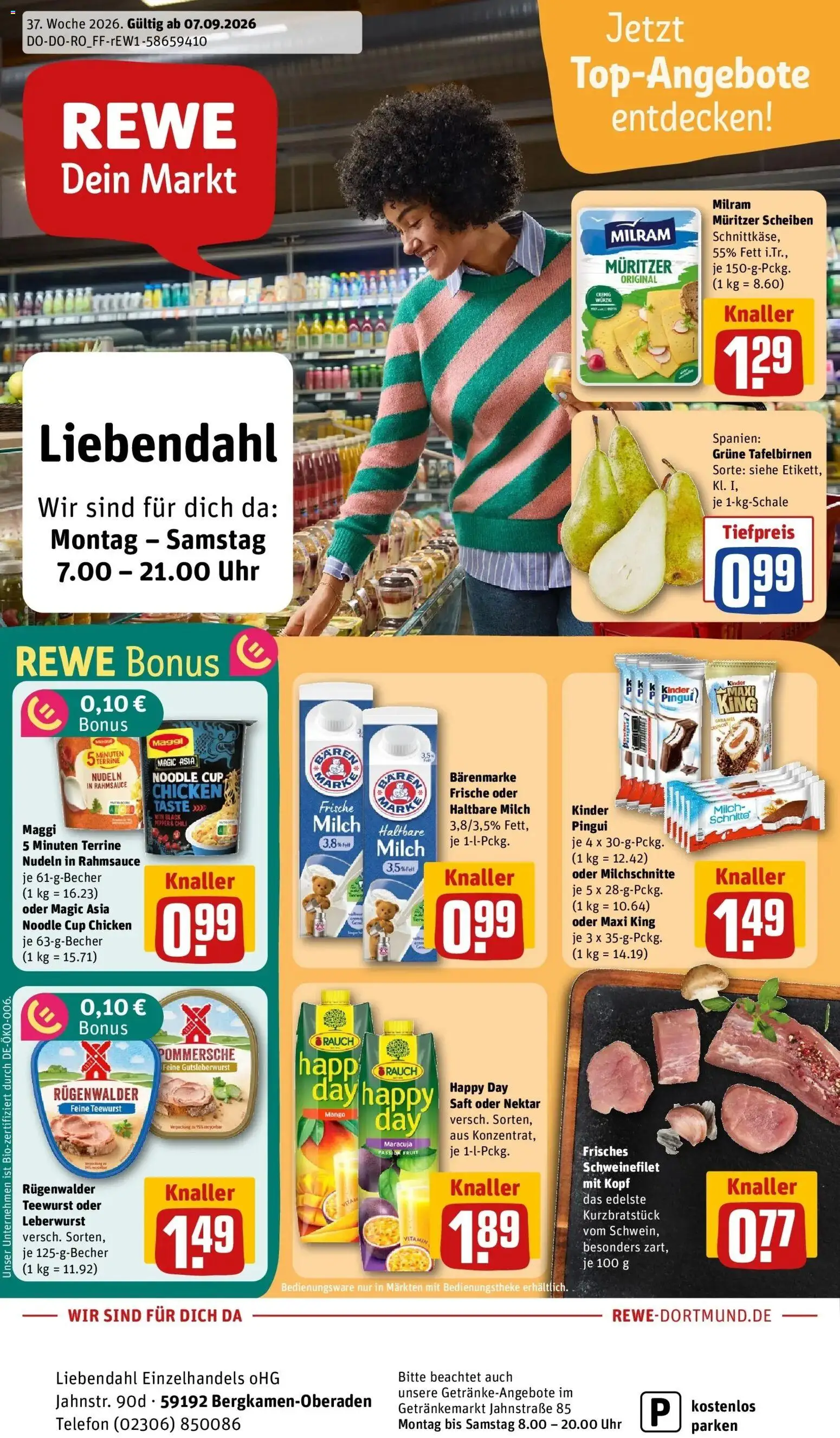 REWE Prospekt ab 07.09.2026 zum Blättern » Angebote | Seite: 1 | Produkte: Milch, Milram, Mango, Telefon