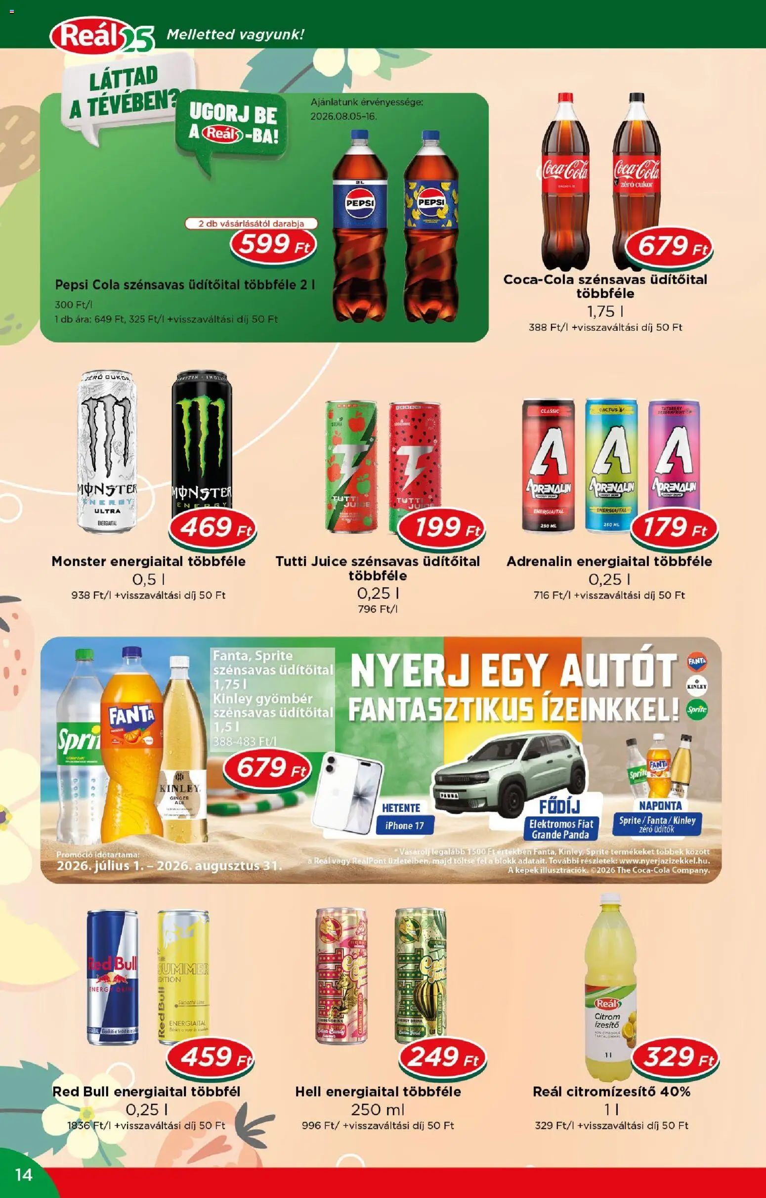 Reál akciós ujság - amely érvényes a következő dátumtól: 2026.08.05. | Oldal: 14 | Termékek: Fanta, Iphone, Red bull, Cola