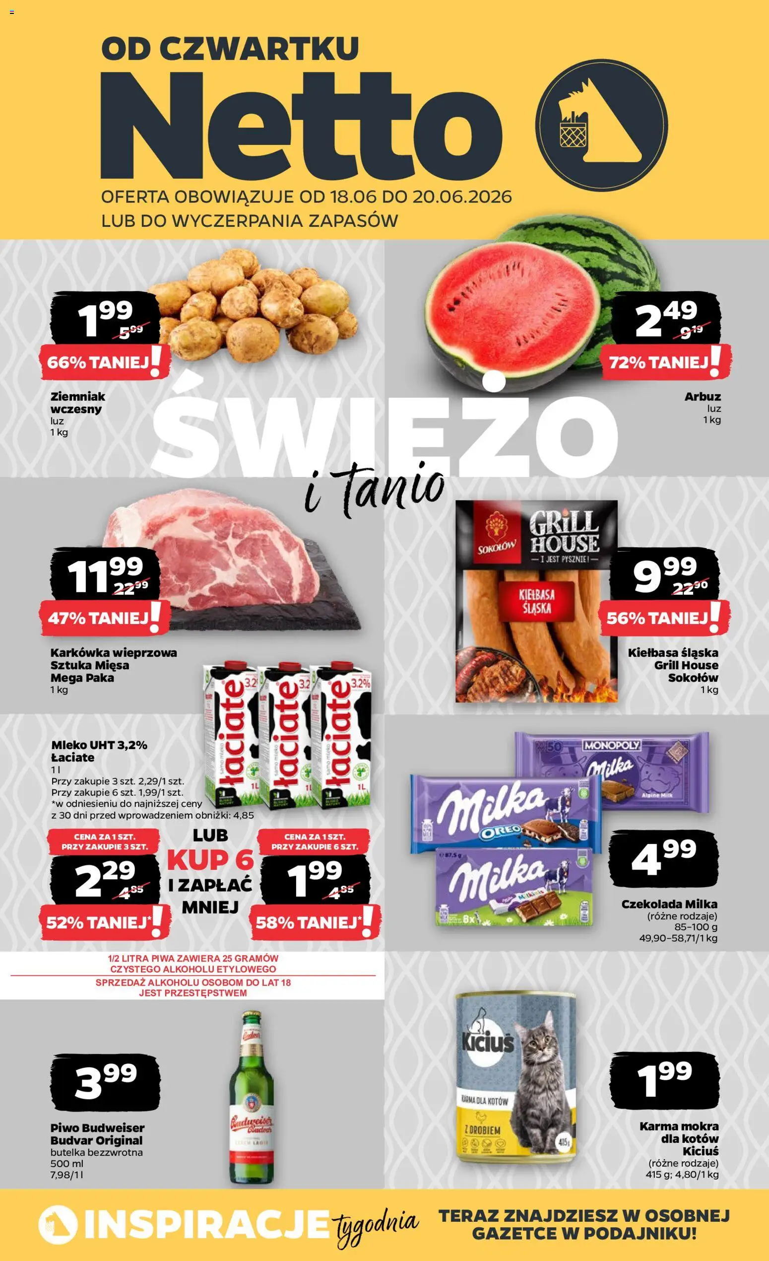 Netto gazetka od czwartku spożywcza od 18.06.2026 | Strona: 1 | Produkty: Karkówka, Czekolada milka, Czekolada, Piwo