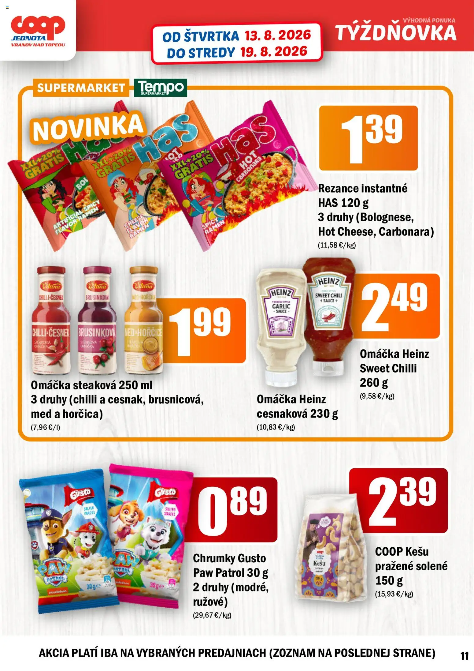 Nové COOP Jednota akcie – leták je platný od 13.08.2026 | Strana: 11 | Produkty: Chilli, Sweet chilli omáčka, Omáčka, Kešu