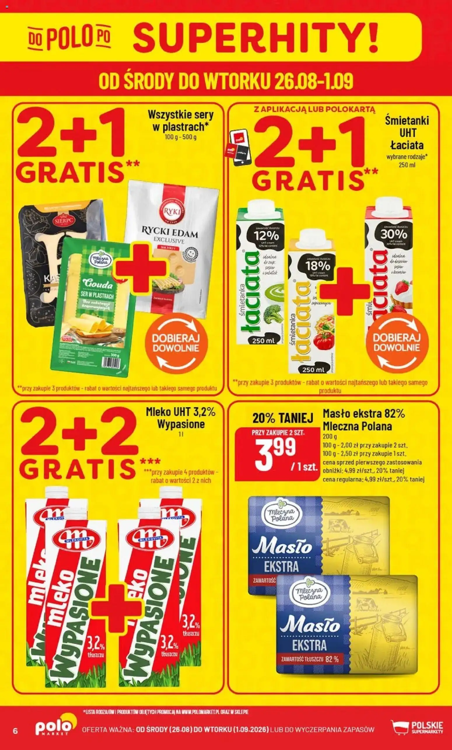 Nowa POLOmarket gazetka od jutra 26.08.2026 | Strona: 6 | Produkty: Mleko, Masło, Ser, Mleko UHT