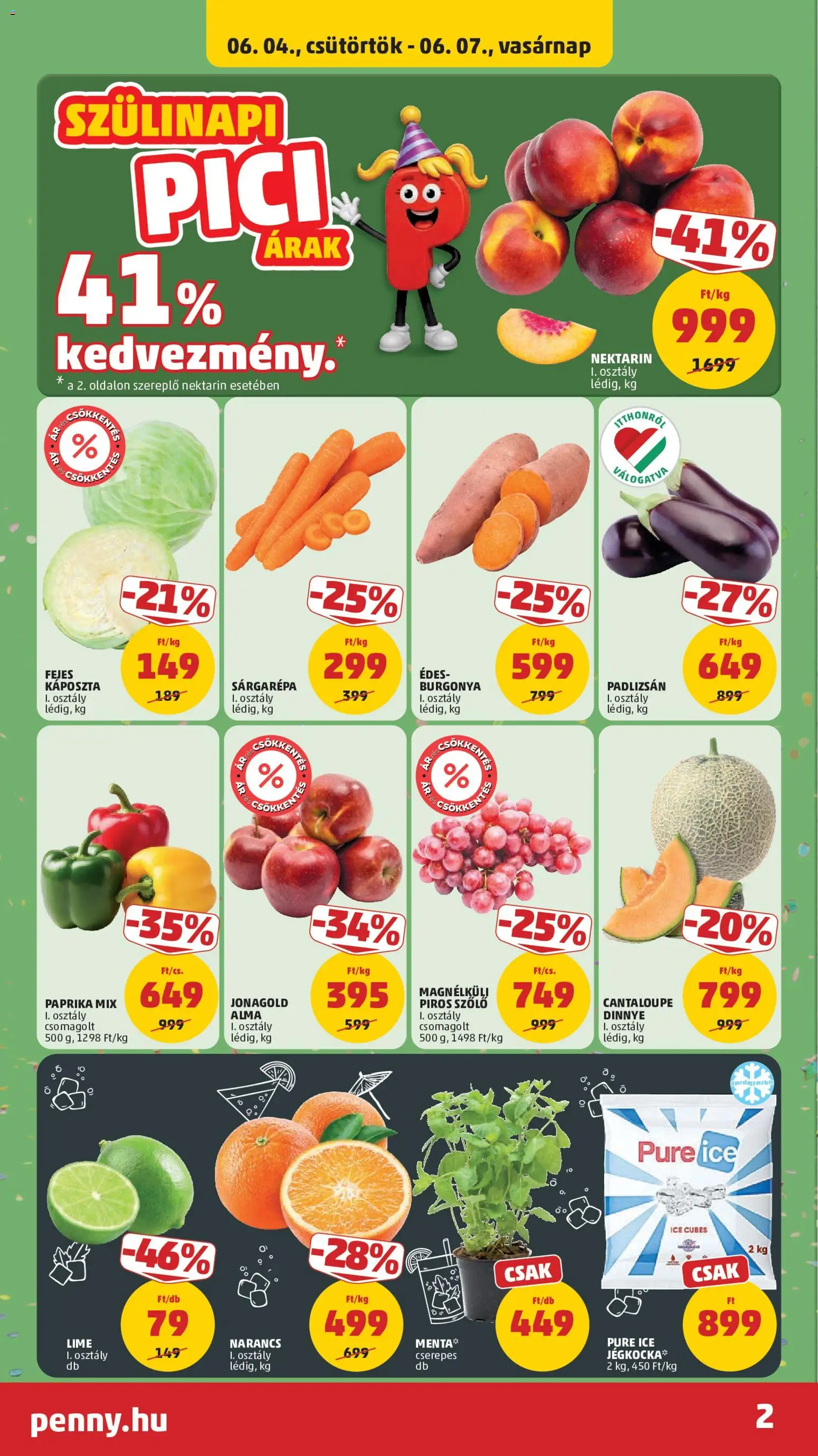 PENNY akciós ujság - amely érvényes a következő dátumtól: 04.06.2026 | Oldal: 2 | Termékek: Káposzta, Szőlő, Dinnye, Narancs