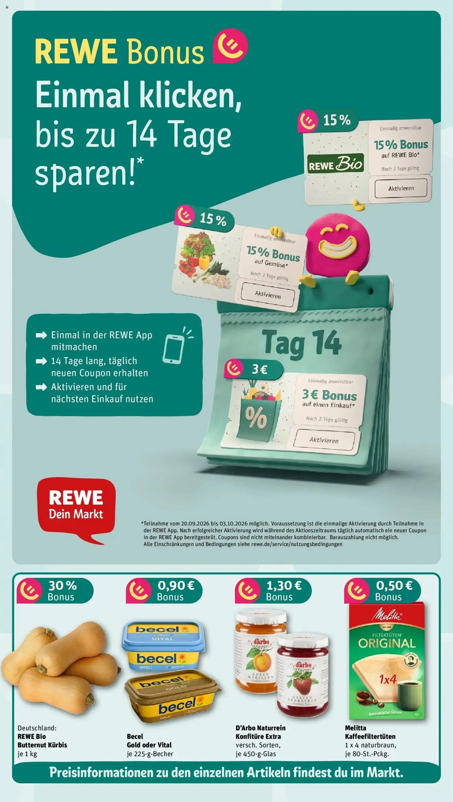 REWE Prospekt ab 21.09.2026 zum Blättern » Angebote | Seite: 3 | Produkte: Melitta, Becel, Kürbis