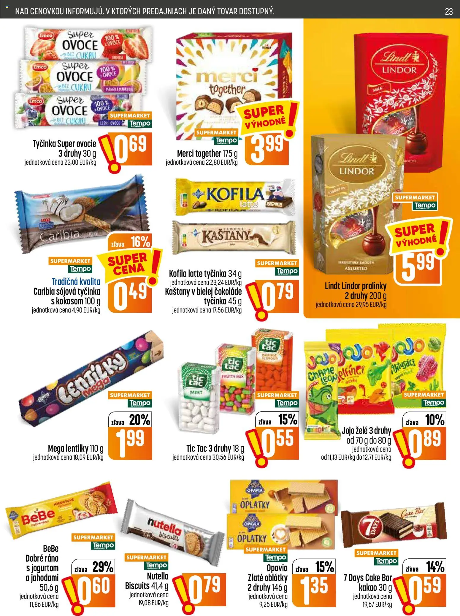 Nové COOP Jednota akcie – leták je platný od 09.07.2026 | Strana: 23 | Produkty: Lindor, Merci, Nutella, Ovocie
