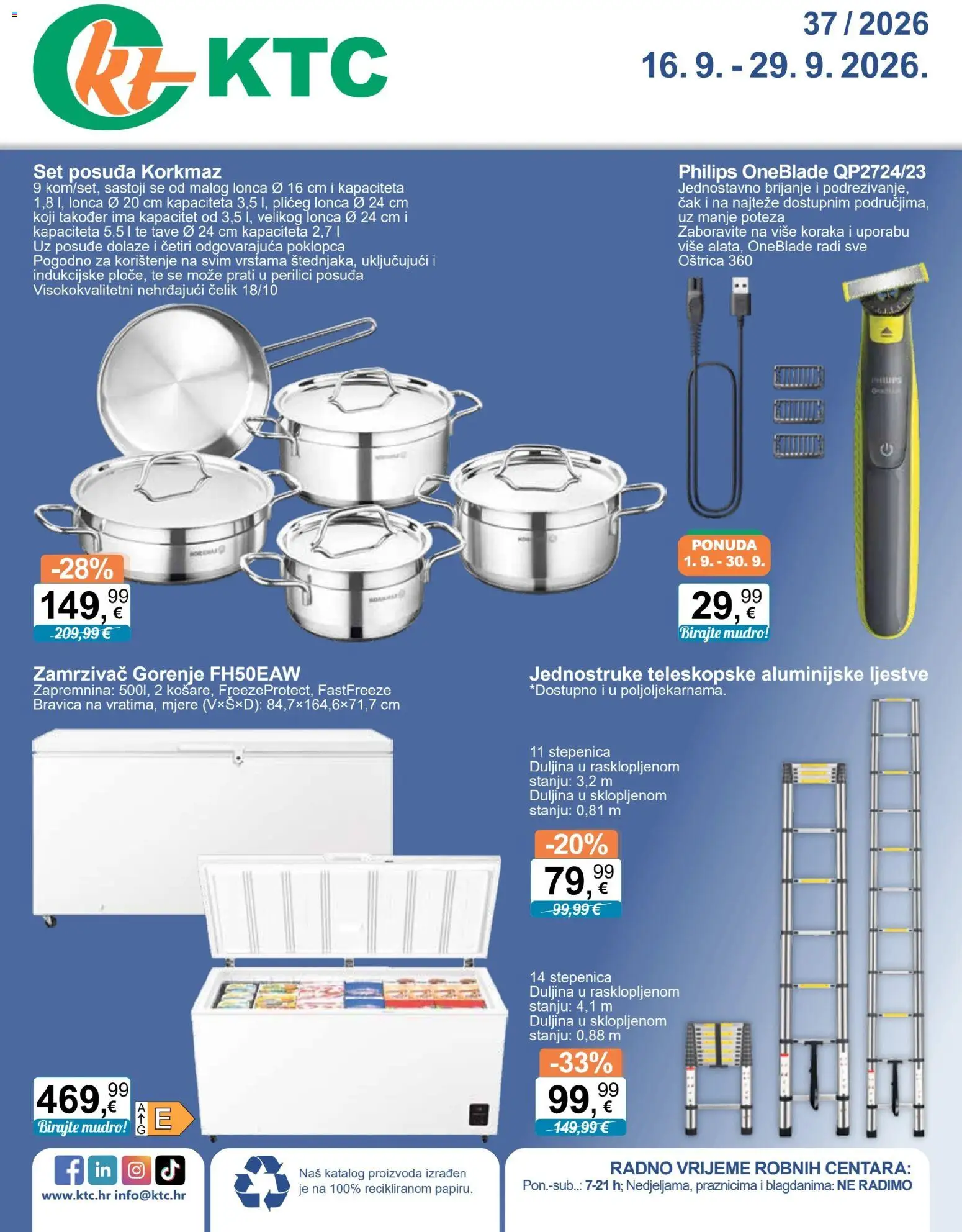 KTC katalog | vrijedi od 16.09.2026 | Stranica: 1 | Proizvodi: Aluminijske ljestve, Posuđe, Set posuđa, Zamrzivač