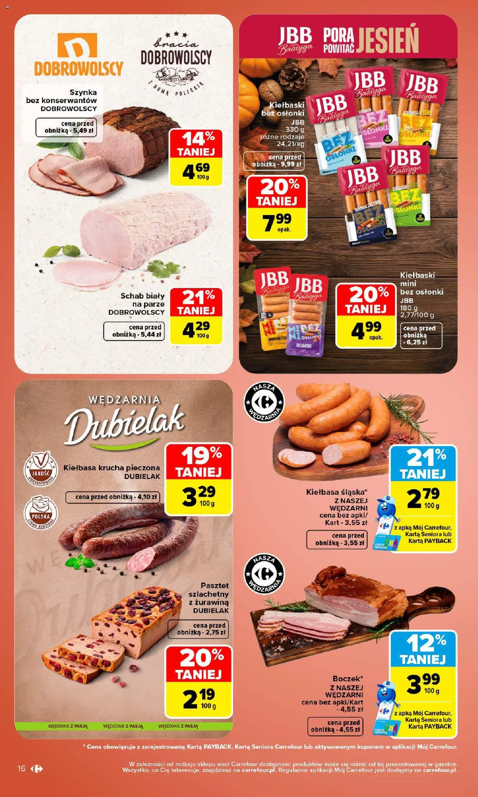 Carrefour gazetka od 19.10.2026 | Strona: 16 | Produkty: Pasztet, Kiełbaski, Szynka, Żurawina