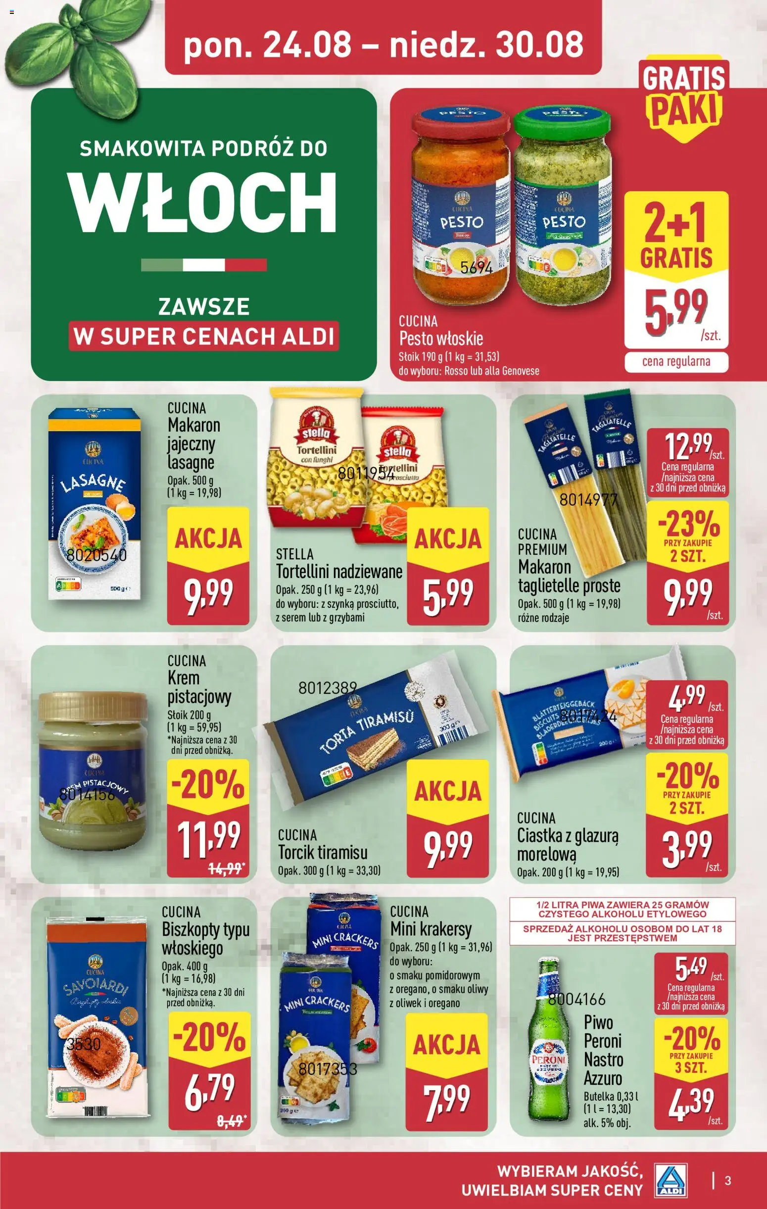 Aldi gazetka - Smakowita podróż do Włoch od 24.08.2026 | Strona: 3 | Produkty: Tortellini, Lasagne, Pesto, Piwo