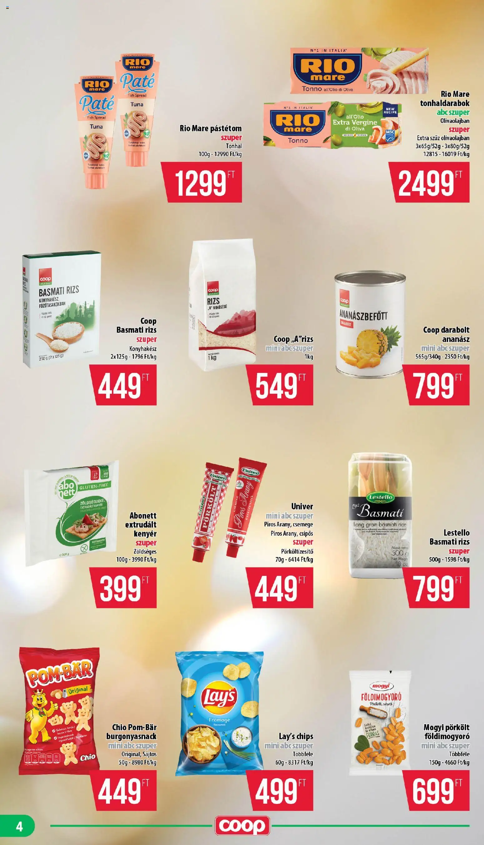 COOP akciós ujság - amely érvényes a következő dátumtól: 2026.08.21. | Oldal: 4 | Termékek: Tonhal, Csemege, Univer, Rizs