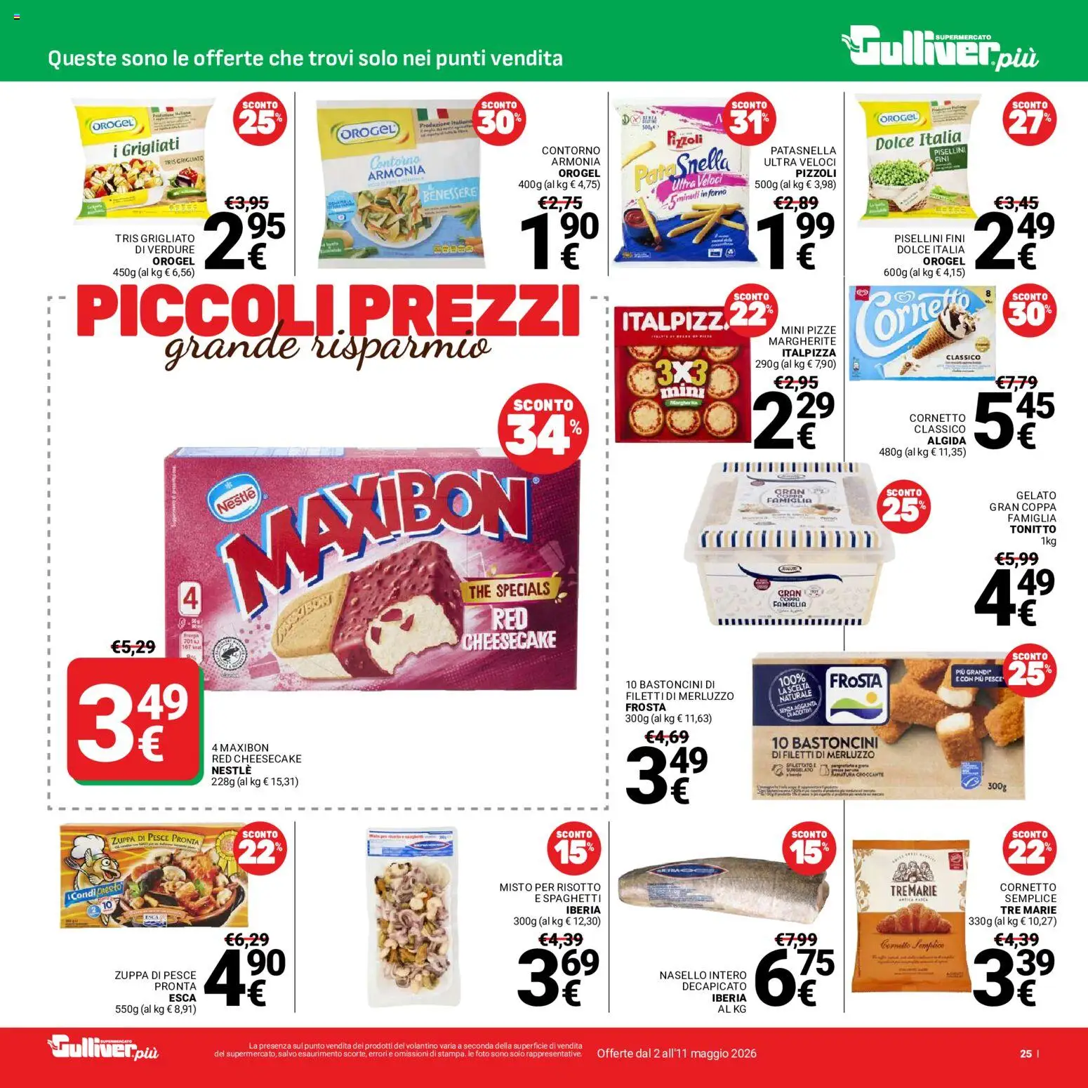Volantino Gulliver del 02.05.2026 | Pagina: 25 | Prodotti: Pesce, Cornetto, Verdure, Nasello