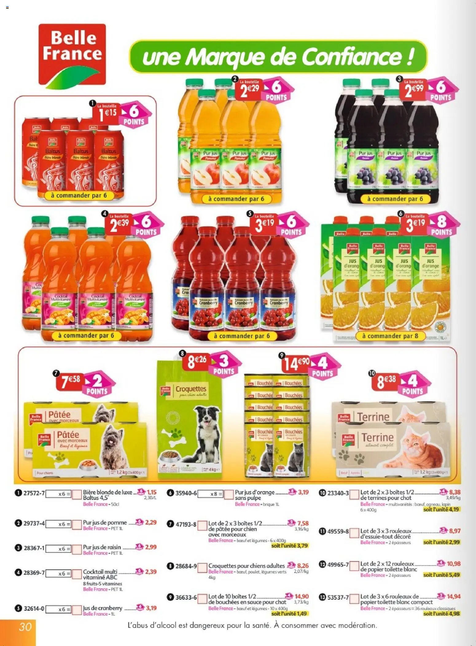 {H1} | Page: 30 | Produits: Jus d'orange, Bouteille, Croquettes pour chiens, Jus