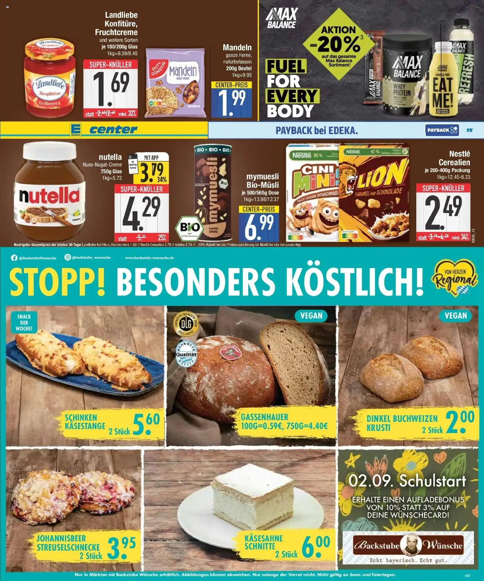 E center Prospekt München (ab 31.08.2026) zum Blättern | Seite: 15 | Produkte: Schokolade, Nutella, Schinken, Erdbeeren