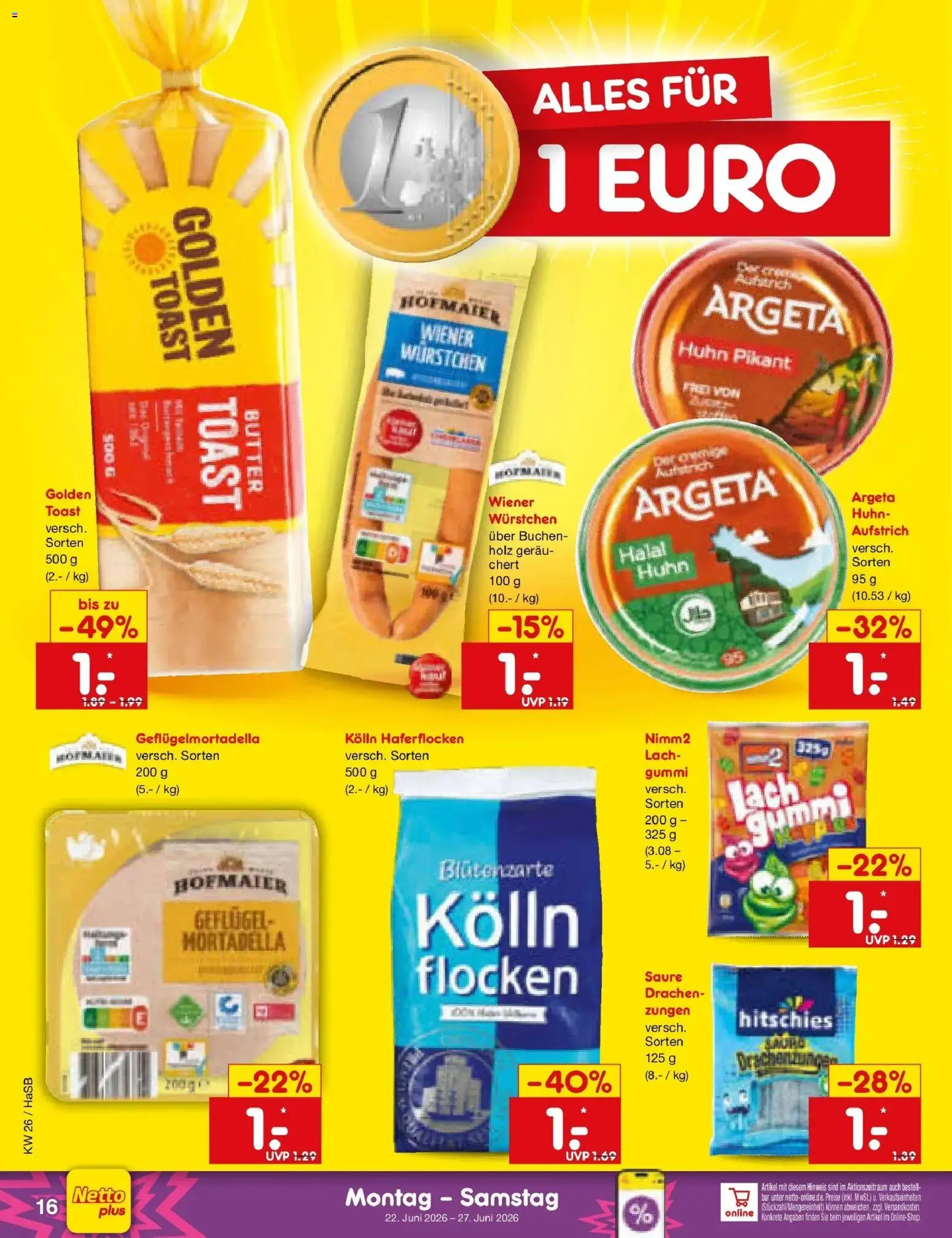 Netto Marken-Discount Prospekt Wuppertal – gültig ab 22.06.2026 | Seite: 20 | Produkte: Wiener wurstchen, Kolln, Butter, Toast