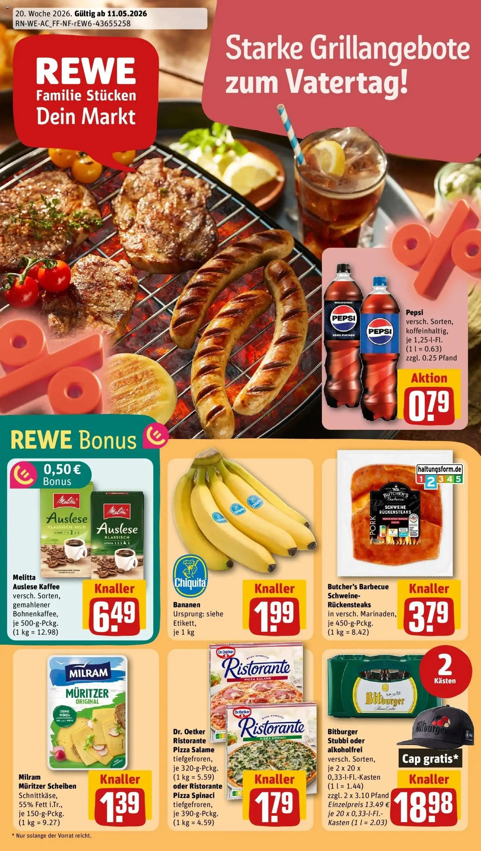 Rewe Prospekt Brüggen	 – gültig ab 10.05.2026 | Seite: 1 | Produkte: Bitburger, Milram, Zucker, Steak