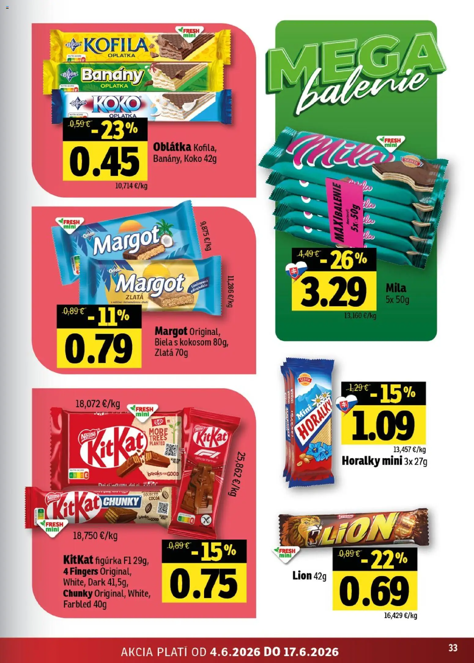 Nové Fresh akcie – leták je platný od 04.06.2026 | Strana: 33 | Produkty: Banány, Mila, Horálky