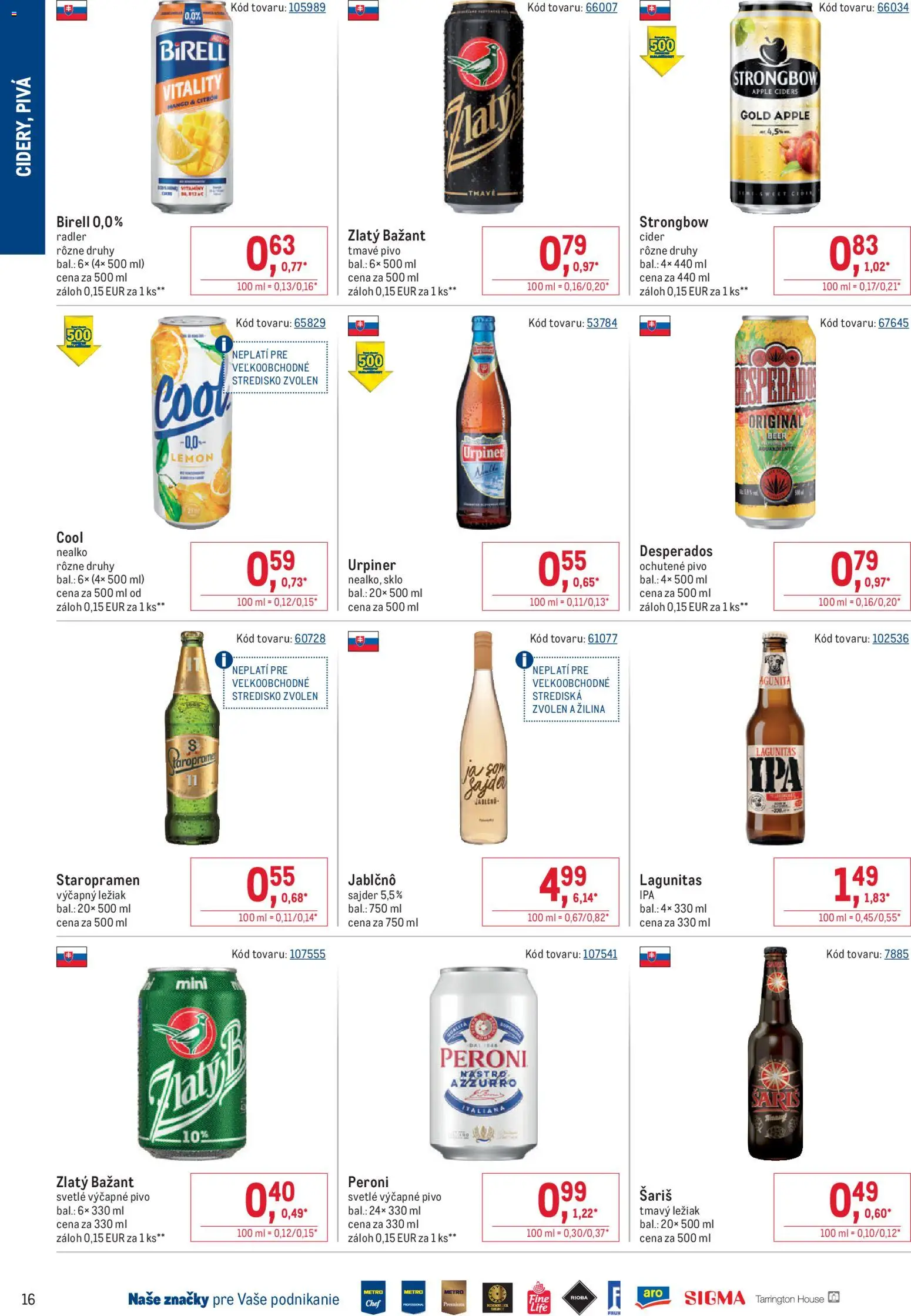 Nové Metro akcie – leták je platný od 01.06.2026 | Strana: 16 | Produkty: Zlatý Bažant, Strongbow, Mango, Urpiner