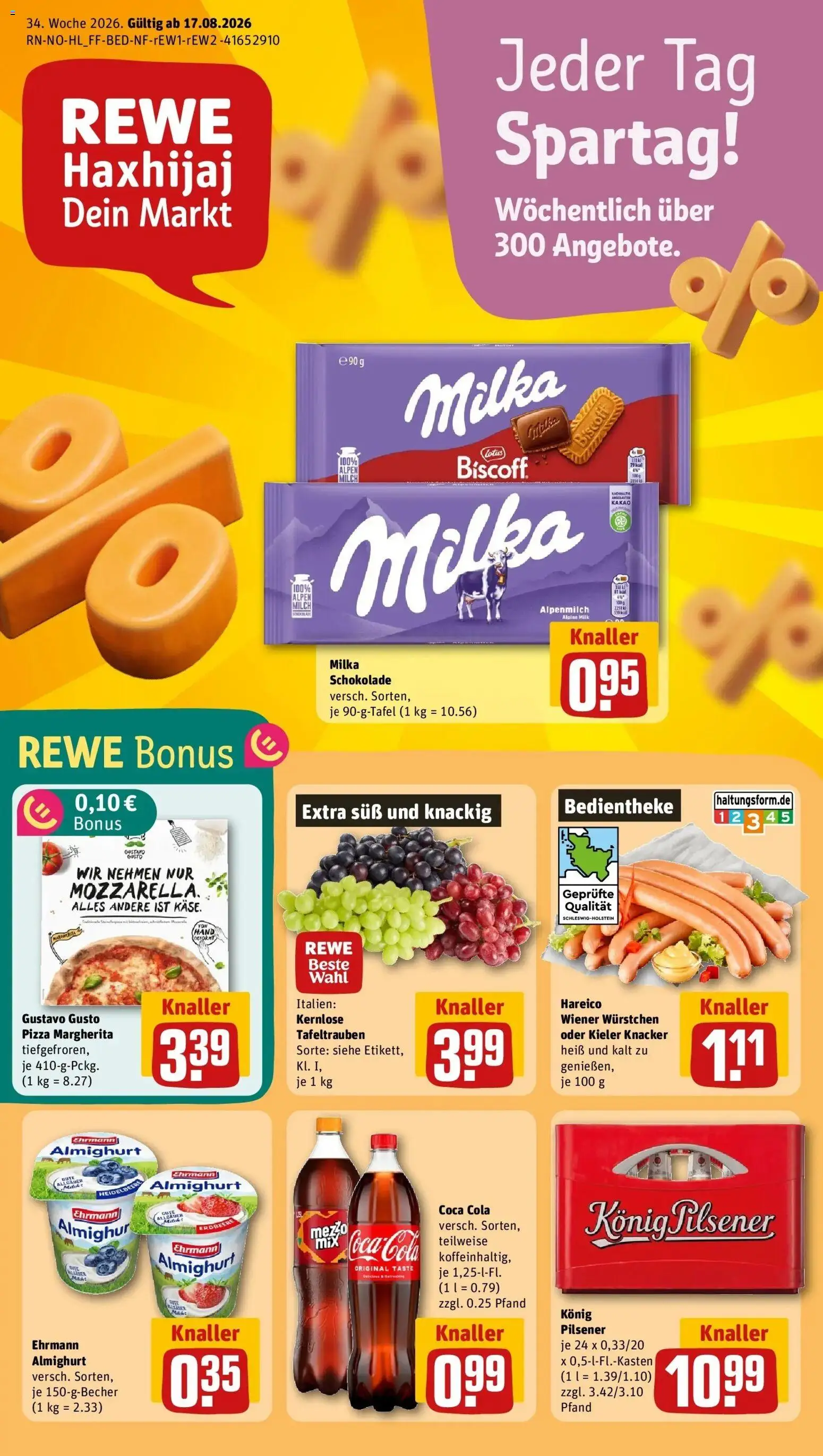 REWE Prospekt ab 17.08.2026 zum Blättern » Angebote | Seite: 1 | Produkte: Gustavo gusto, Cola, Milka, Pizza