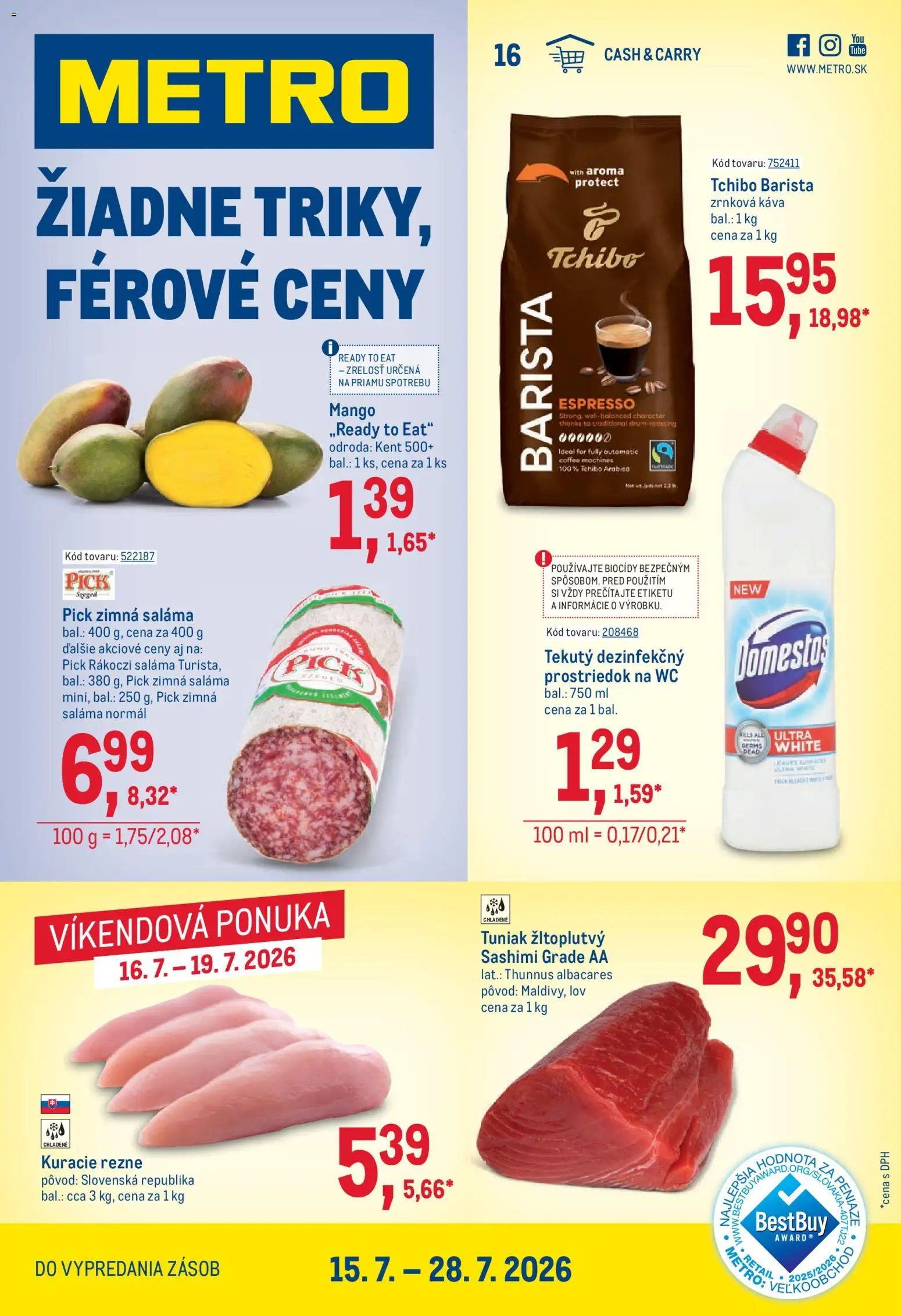 Nové Metro akcie – leták je platný od 15.07.2026 | Strana: 1 | Produkty: Kuracie rezne, Mango, Domestos, Zrnková káva