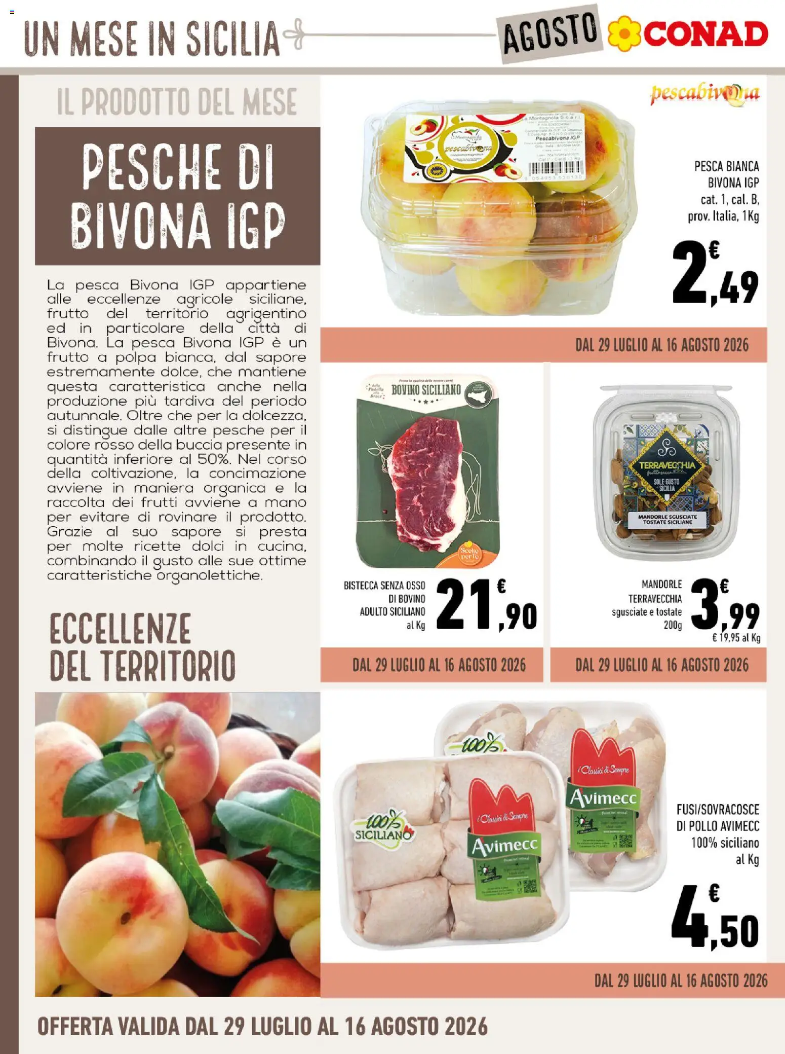 Volantino Conad del 29/07/2026 | Pagina: 6 | Prodotti: Bovino, Pollo, Pesca, Mandorle