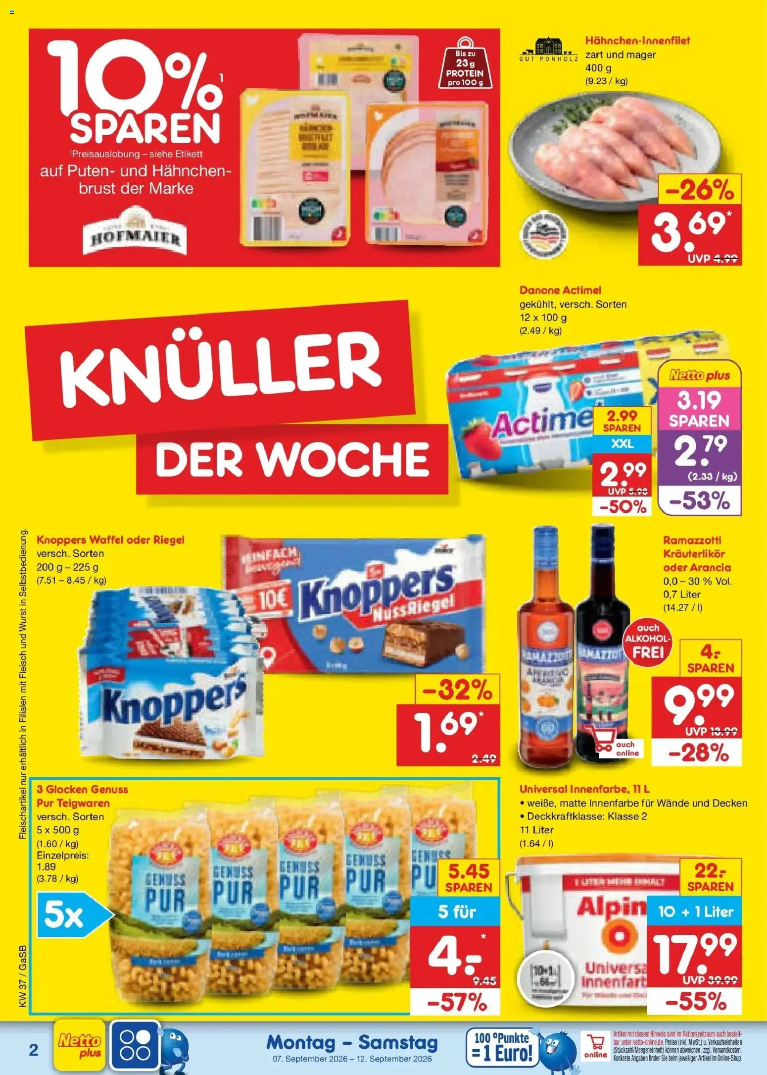 Netto Marken-Discount Prospekt Oldenburg – gültig ab 07.09.2026 | Seite: 4 | Produkte: Actimel, Alkohol, Knoppers, Fleisch
